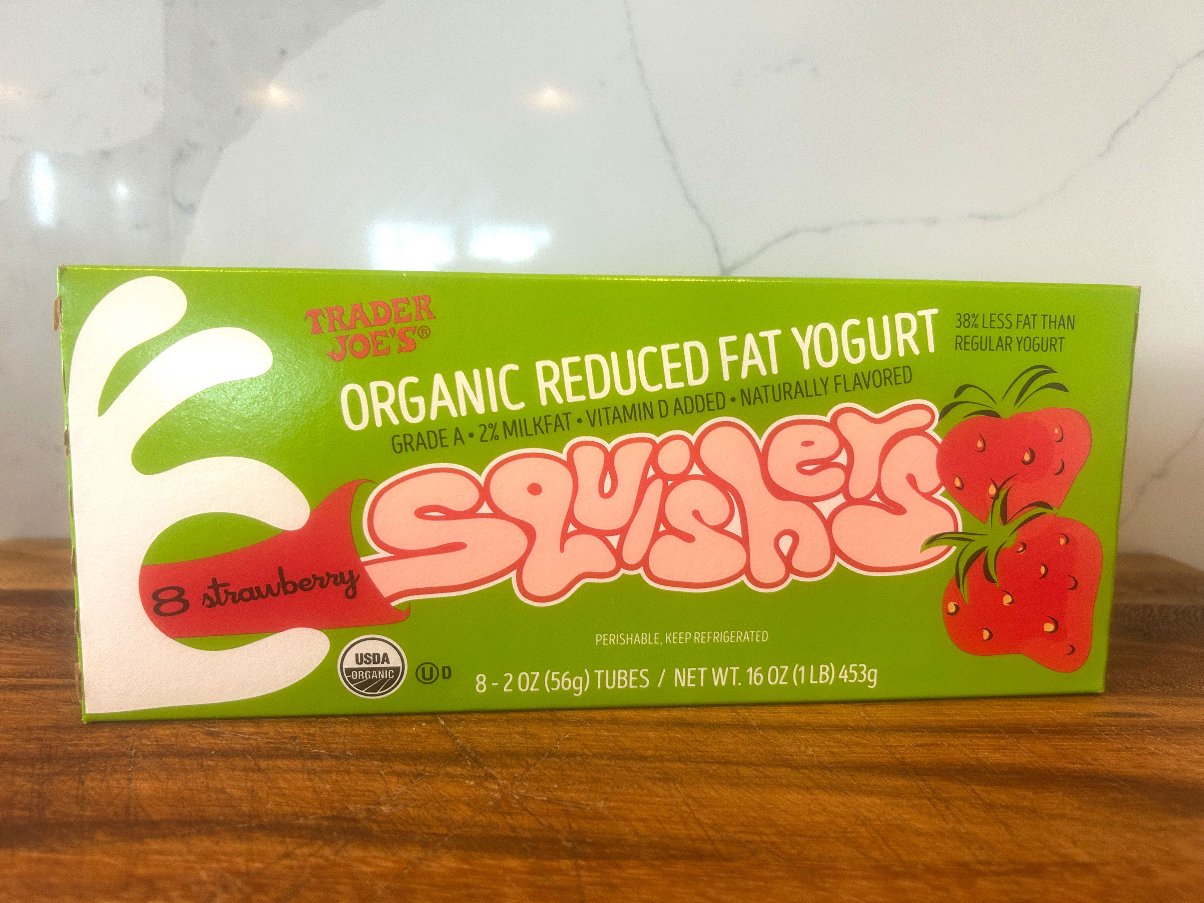A box of Trader Joe's yogurt squishers.