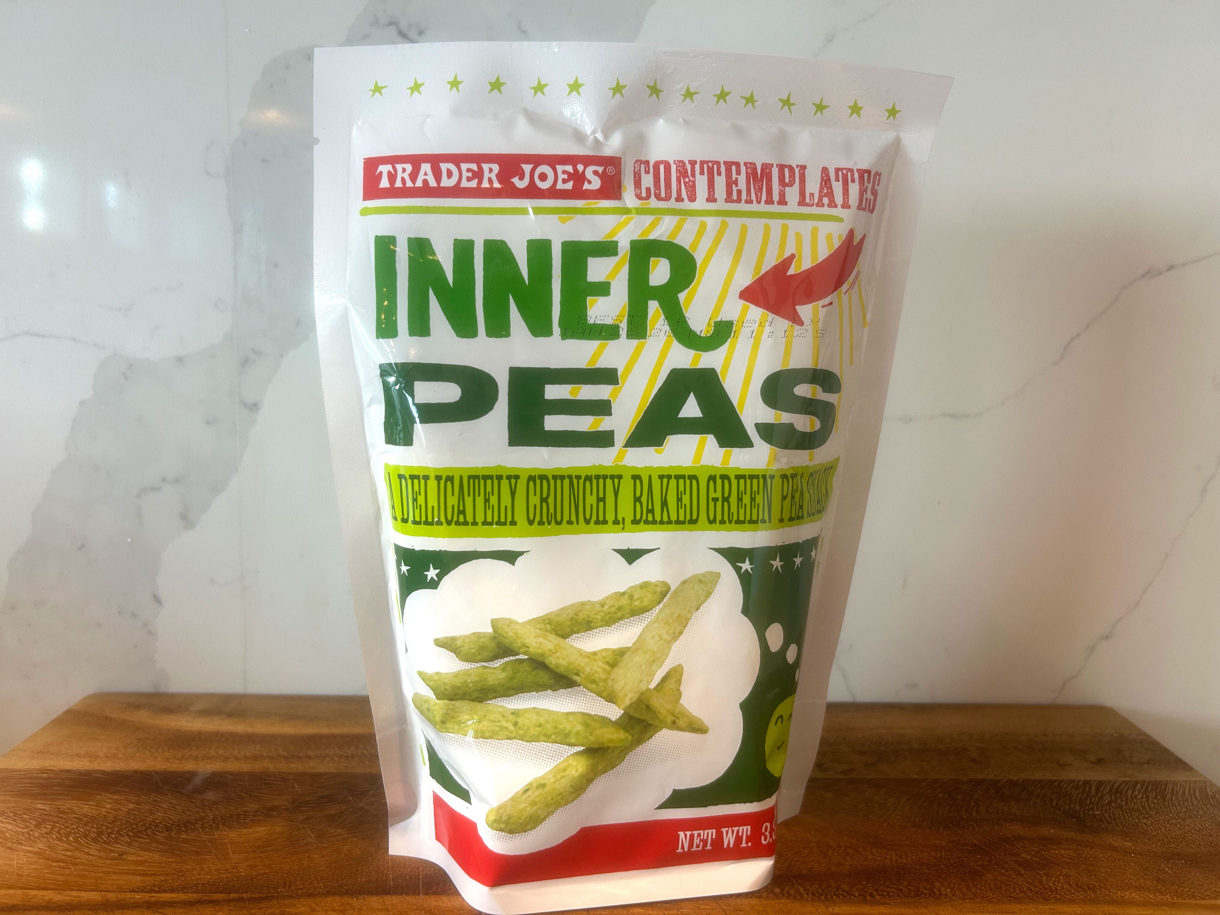 A bag of Trader Joe's baked green peas.