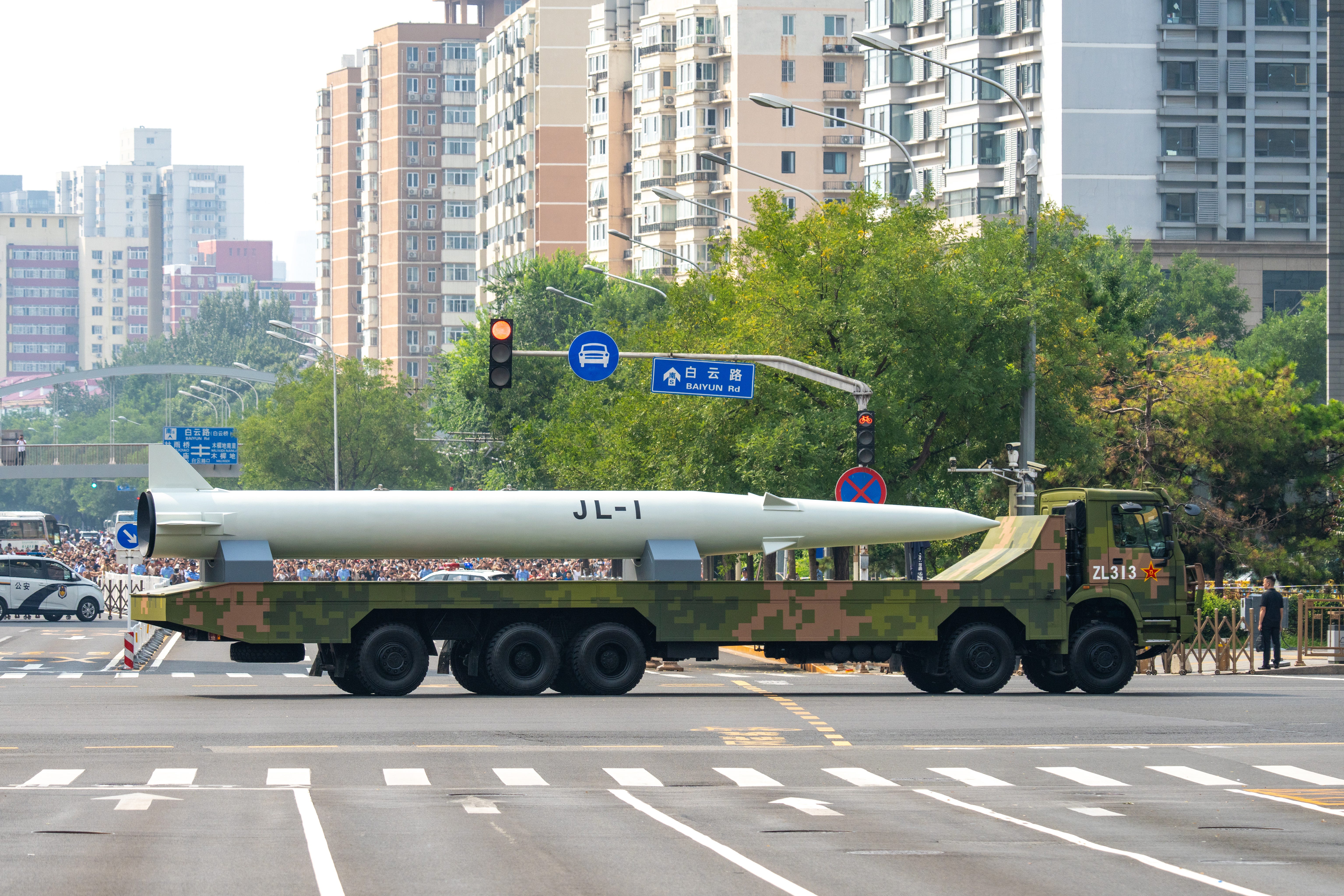 A JL-1 air-launched long-range missile during the V-Day military parade on September 3, 2025, in Beijing, China.