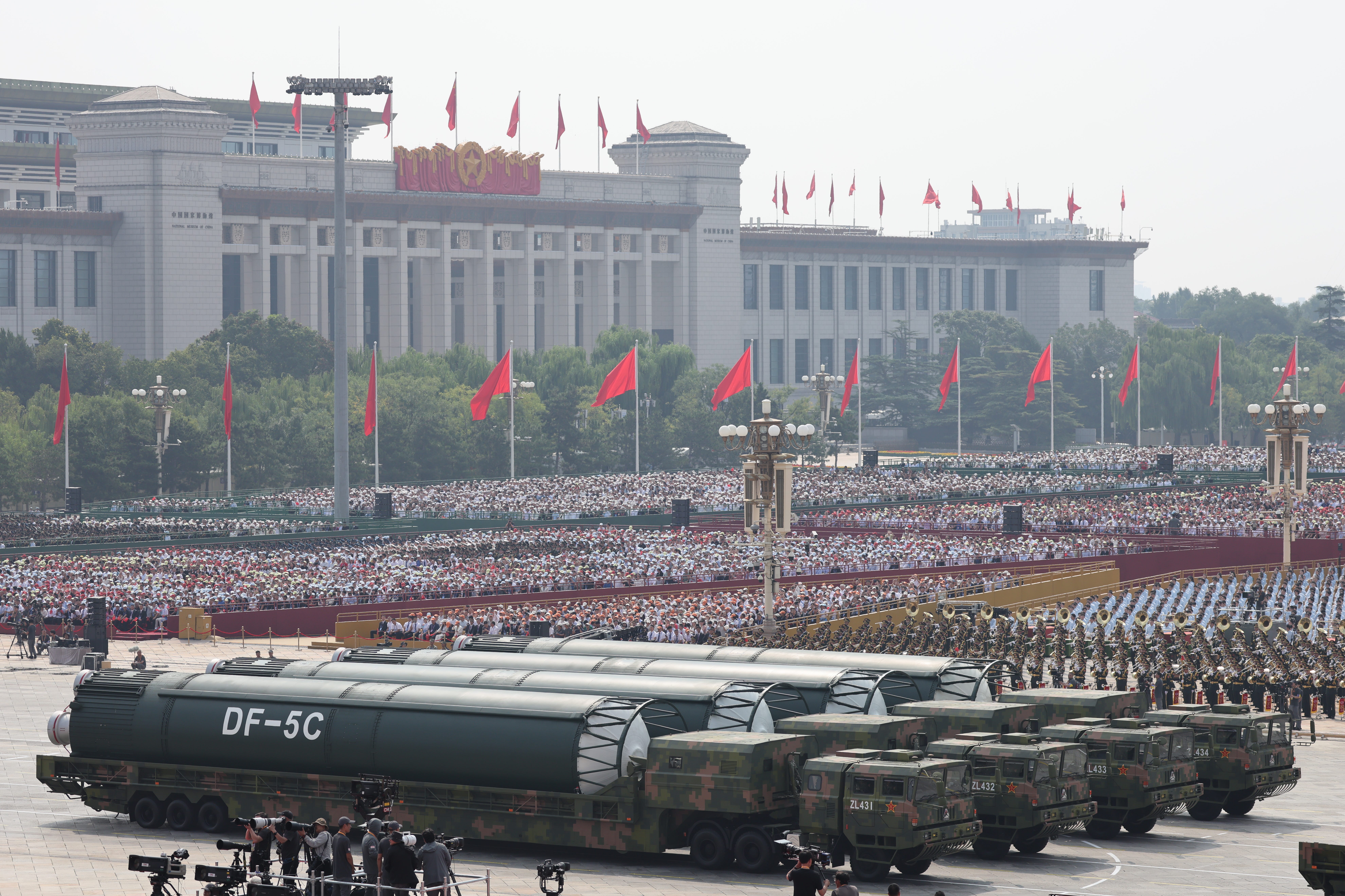 China's liquid-fueled intercontinental strategic nuclear missiles DongFeng-5C, which have a global strike range, pass through Tian'anmen Square during the V-Day military parade on September 3, 2025, in Beijing, China.