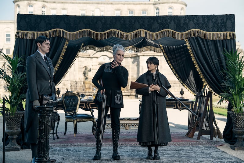 Liv Spencer as Varicose, Joanna Lumley as Grandmama, and Jenna Ortega as Wednesday Addams.