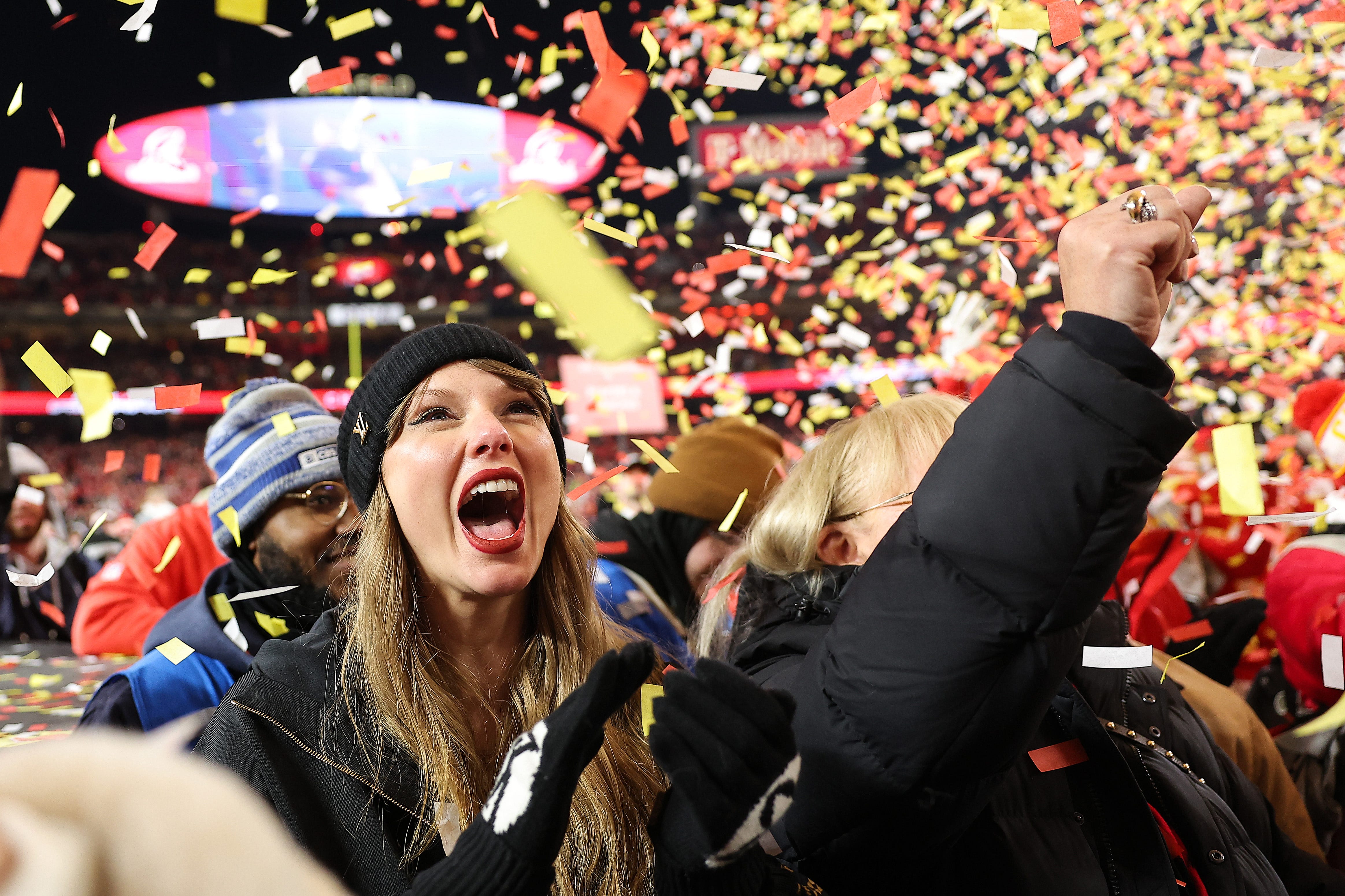 Taylor Swift celebrates the Kansas City Chiefs becoming 2025 AFC Champions.