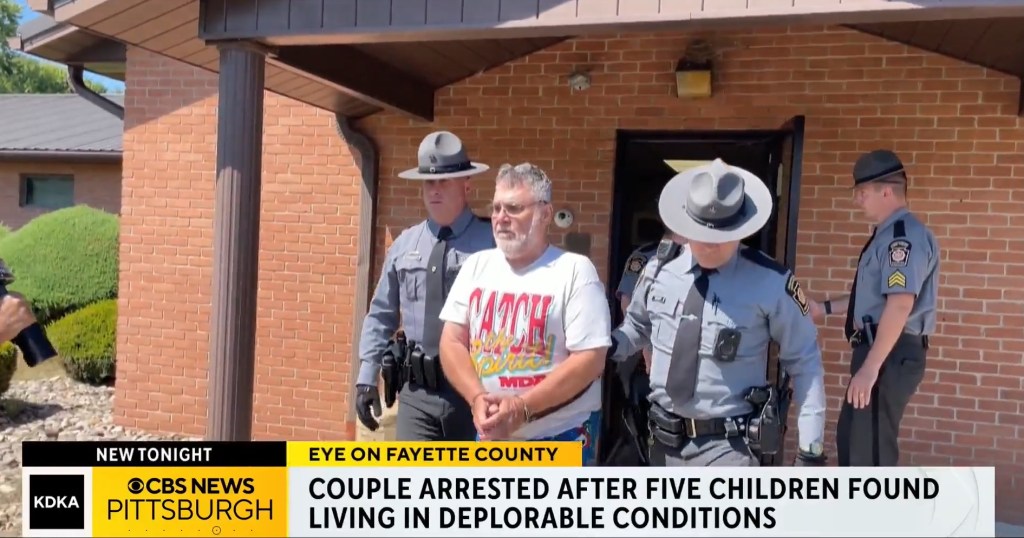 Pennsylvania couple in handcuffs, arrested after five children were found living in deplorable conditions.
