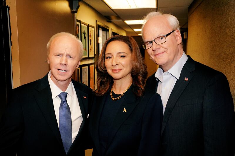 SATURDAY NIGHT LIVE -- Episode 1865 -- Pictured: (l-r) Special guests Dana Carvey, Maya Rudolph, and Jim Gaffigan pose together backstage on Saturday, September 28, 2024 -- (Photo by: Rosalind O'Connor/NBC via Getty Images)