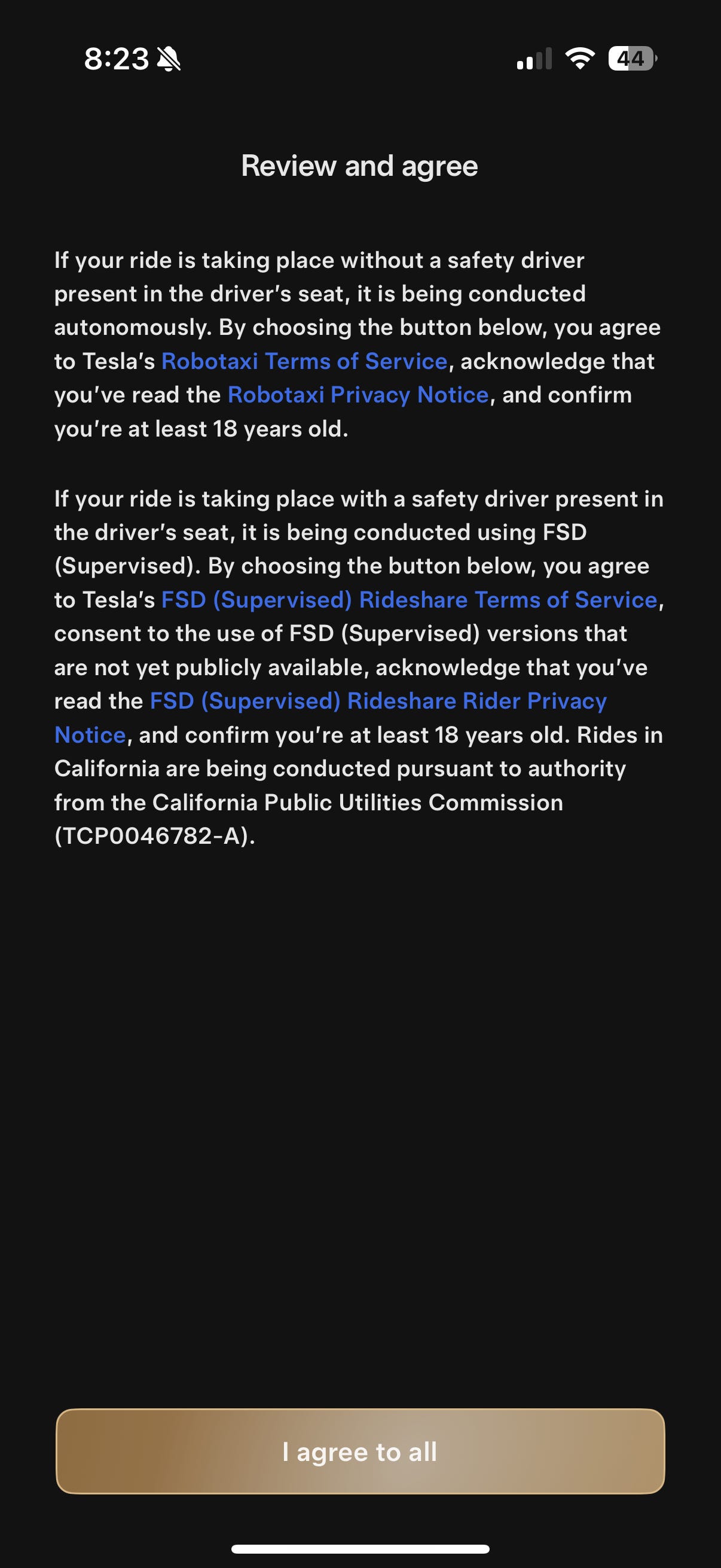 A screengrab of the Tesla robotaxi app.