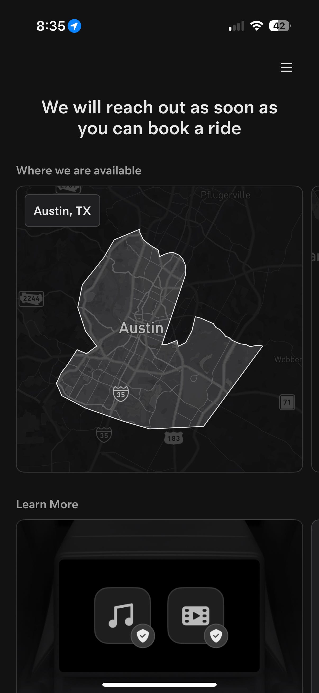 A screengrab of Tesla's robotaxi app.