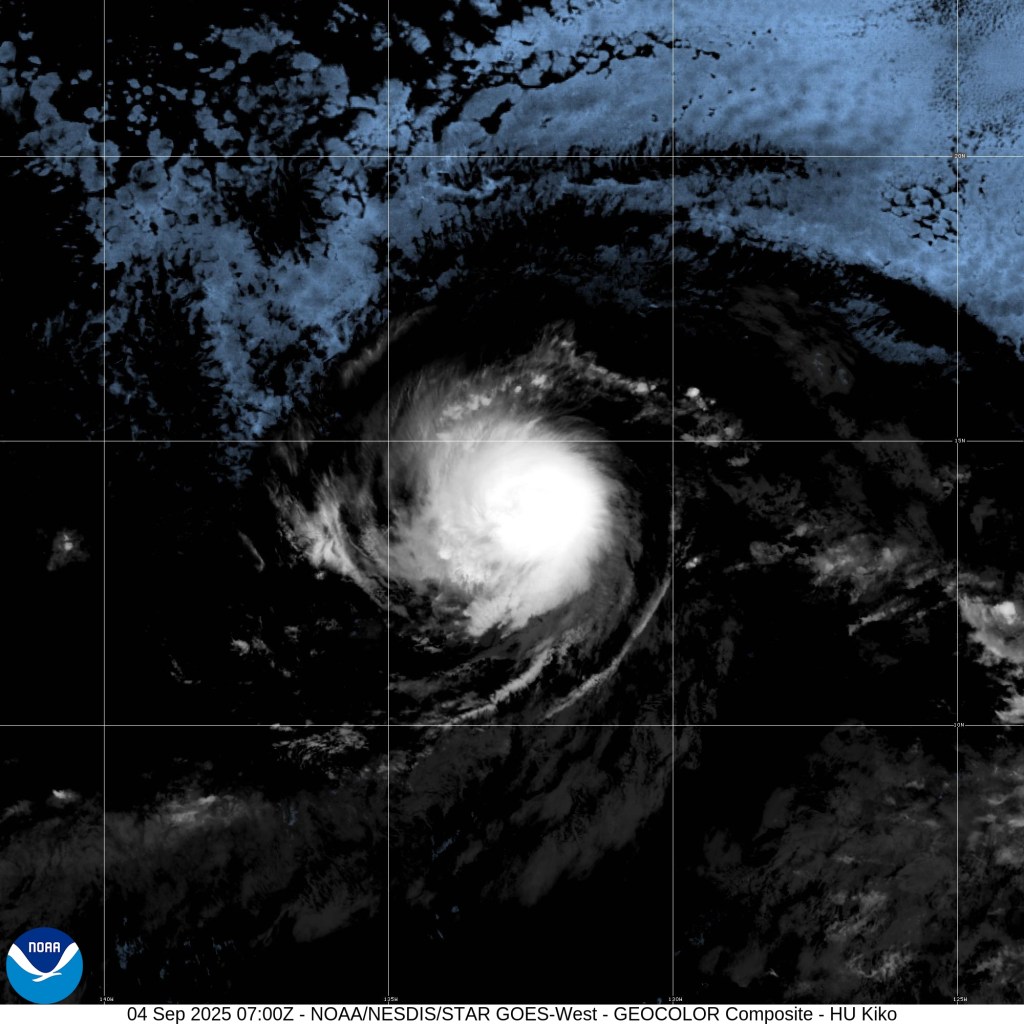 Satellite image provided by the National Oceanic and Atmospheric Administration (NOAA) shows Hurricane Kiko on Sept. 4, 2025.