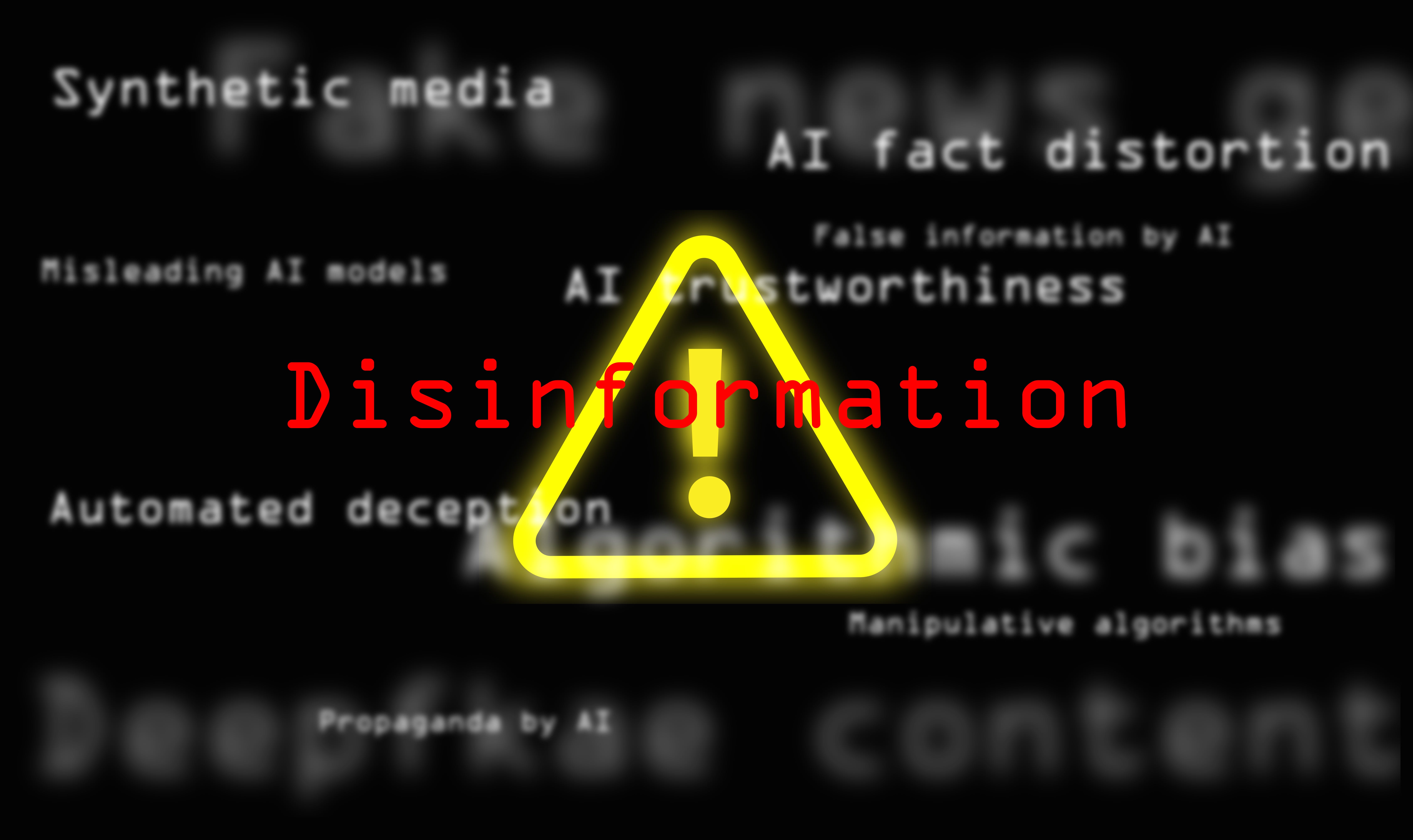 A computer screen with disinformation over it in bright red letters
