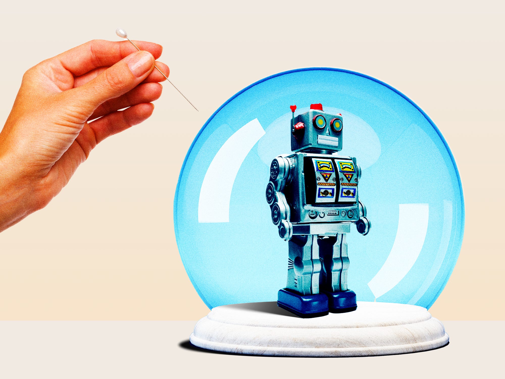 A hand holding a pin near a bubble holding a robot