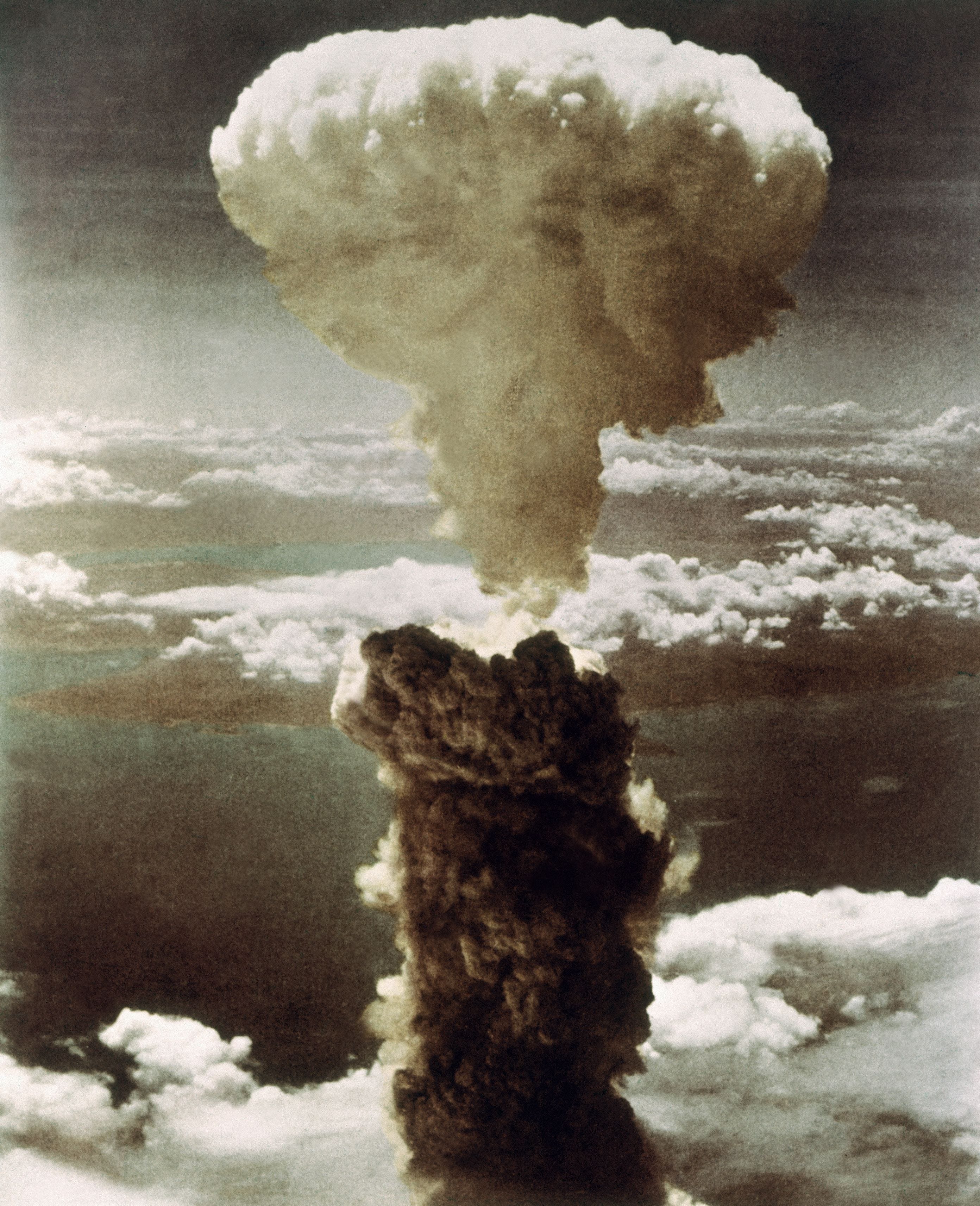 The mushroom cloud over Nagasaki after the explosion of the Fat Man atomic bomb.