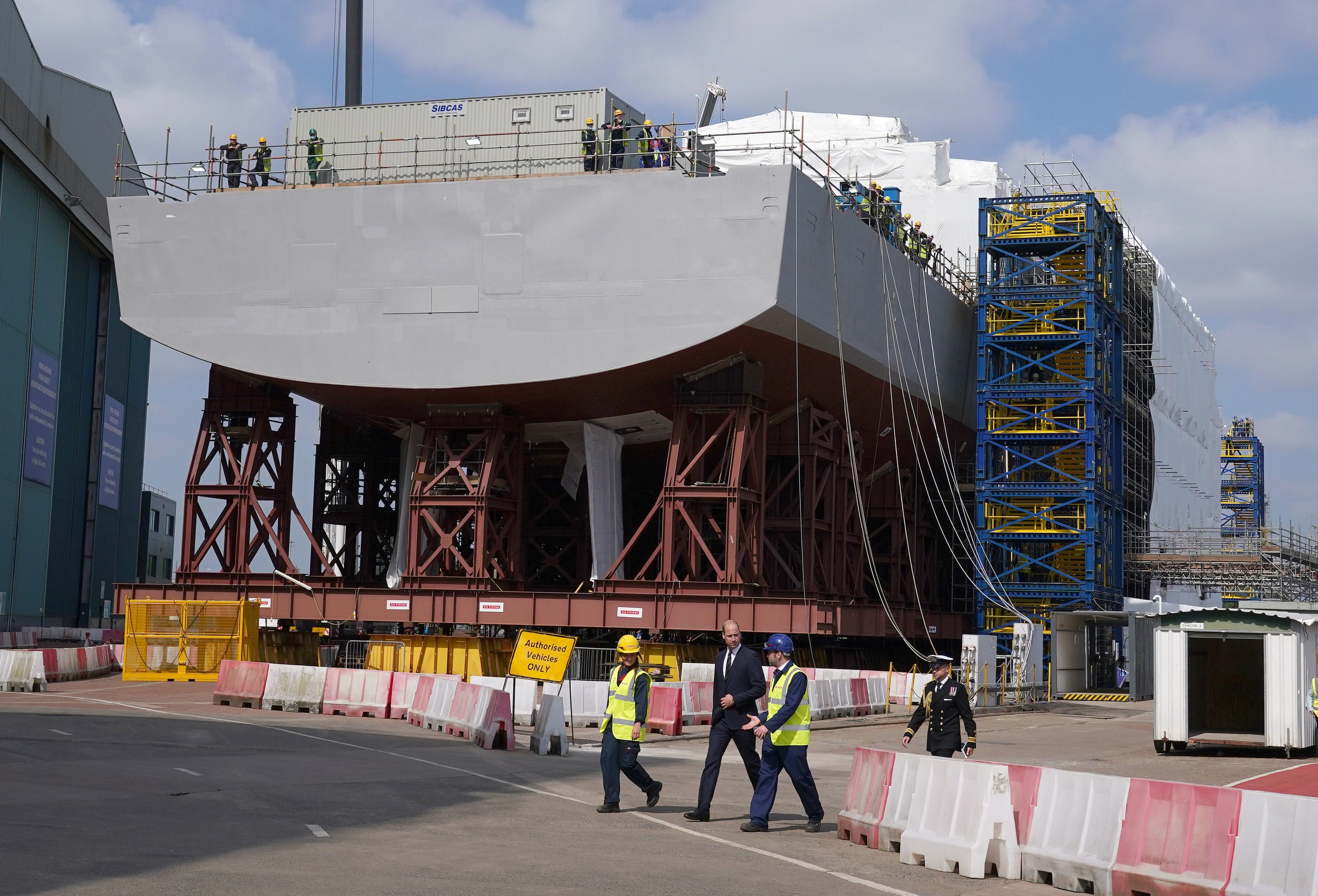 Prince William pays a visit to the BAE Systems shipyard to observe the construction of HMS Glasgow, the Royal Navy's first City-class Type 26 frigate on June 29, 2021 in Glasgow, Scotland.