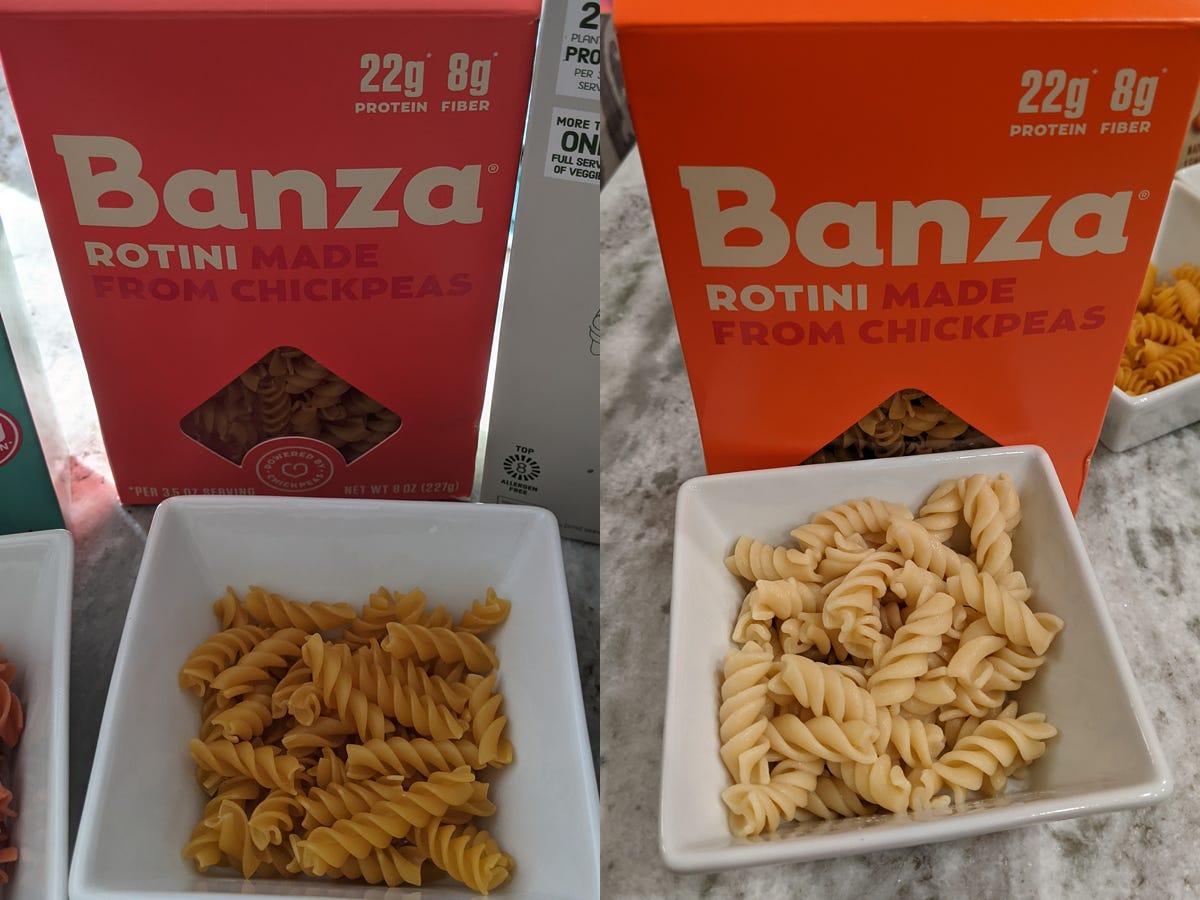 (left) uncooked banza pasta in front of box (right) cooked banza pasta in front of box