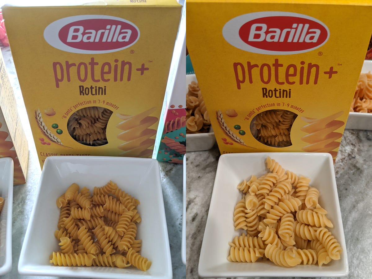 (left) uncooked barilla protein plus pasta in front of box (right) cooked barilla protein plus pasta in front of box