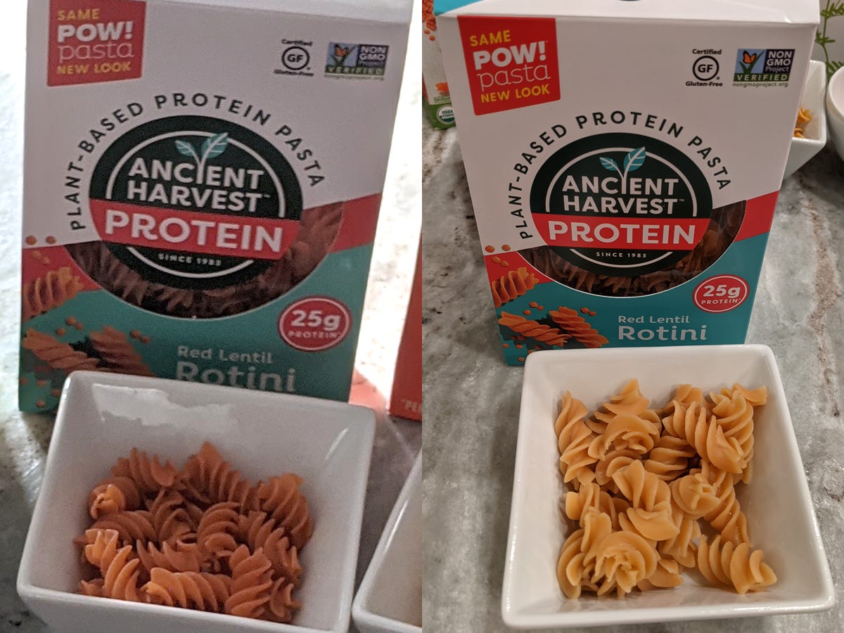 (left) uncooked ancient harvest protein pasta (right) cooked ancient harvest protein pasta