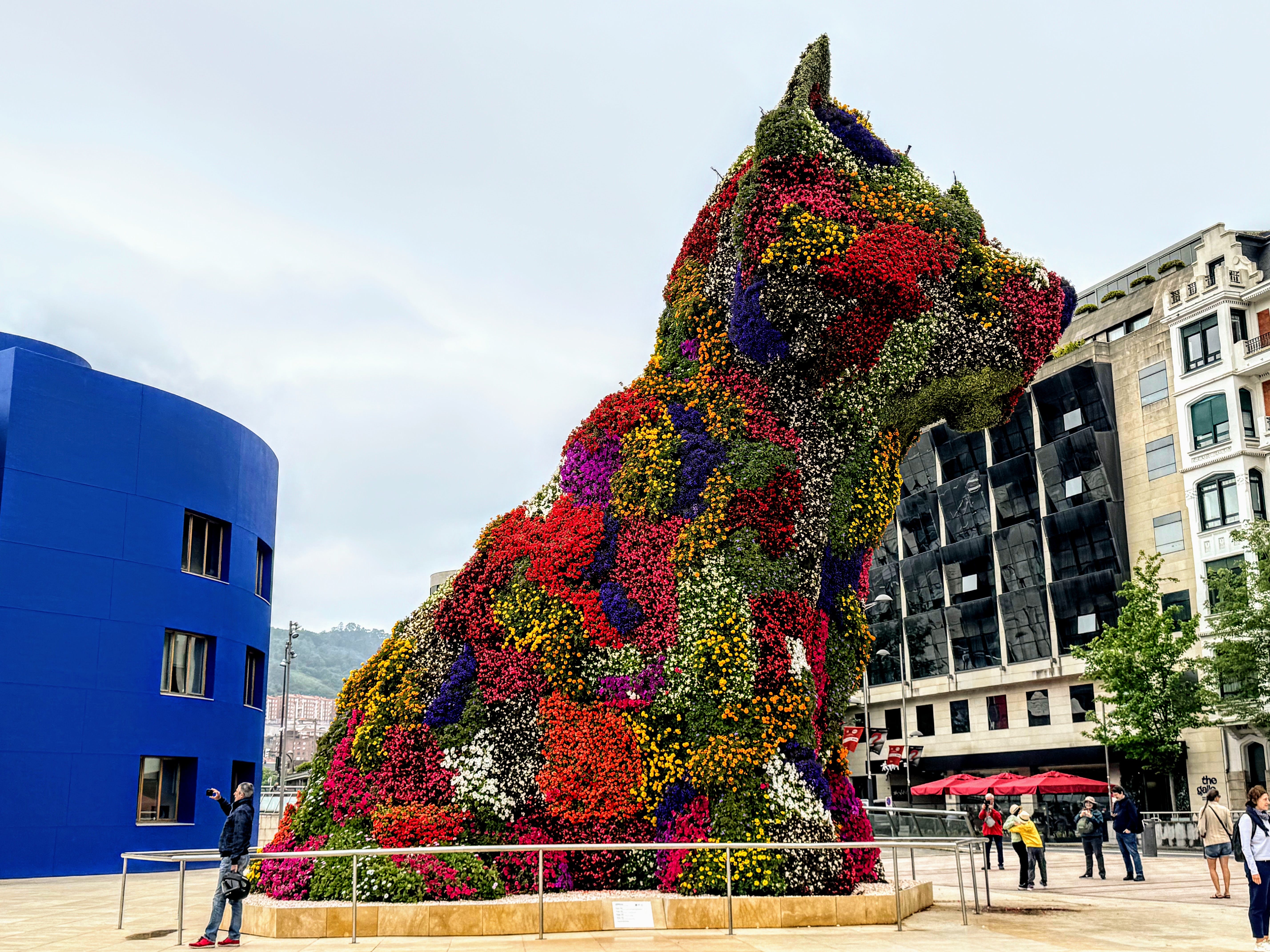 Flower-covered dog sculpture/statue in Spain