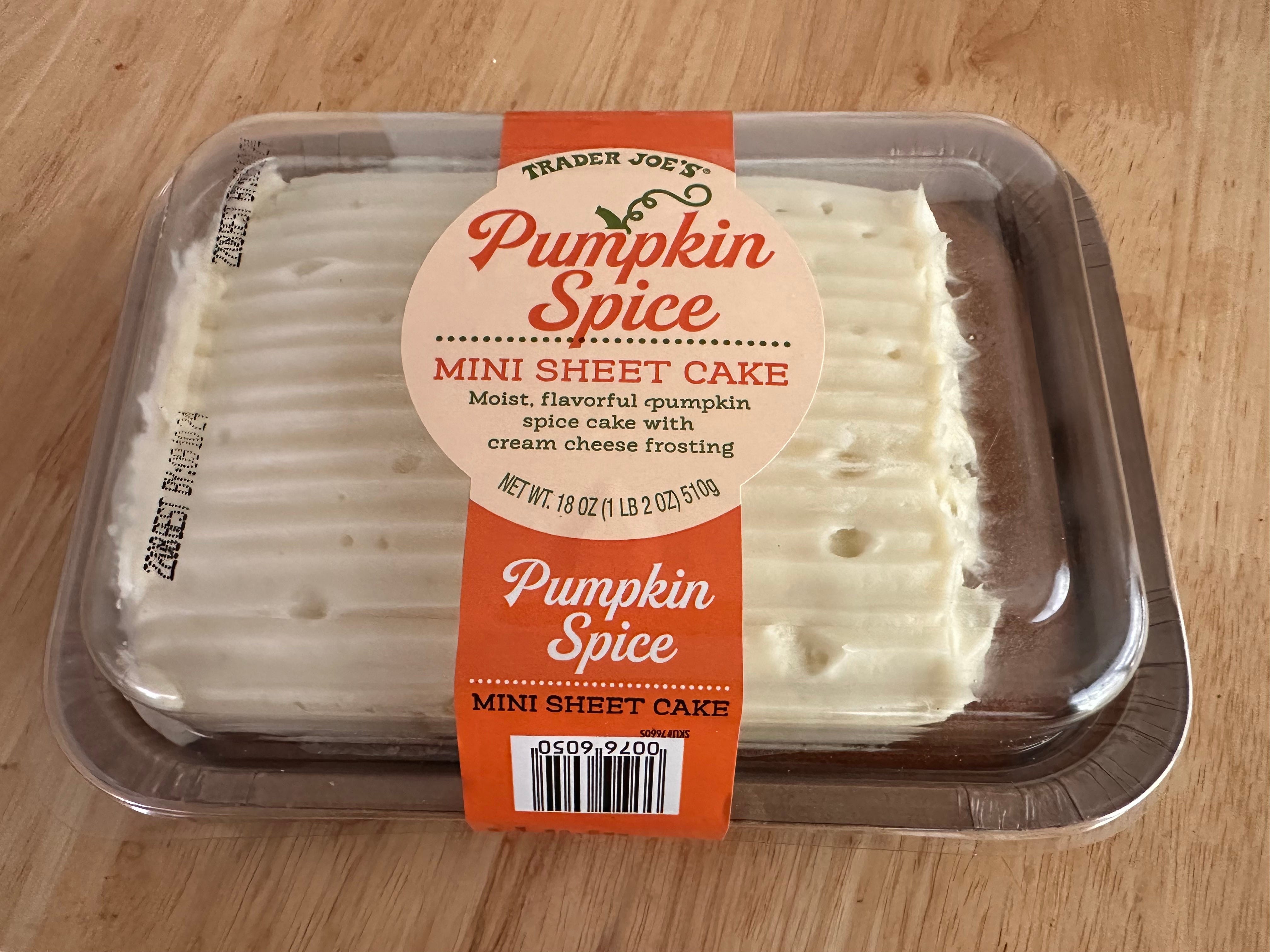 Trader Joe's pumpkin-spice mini sheet cake in plastic packaging