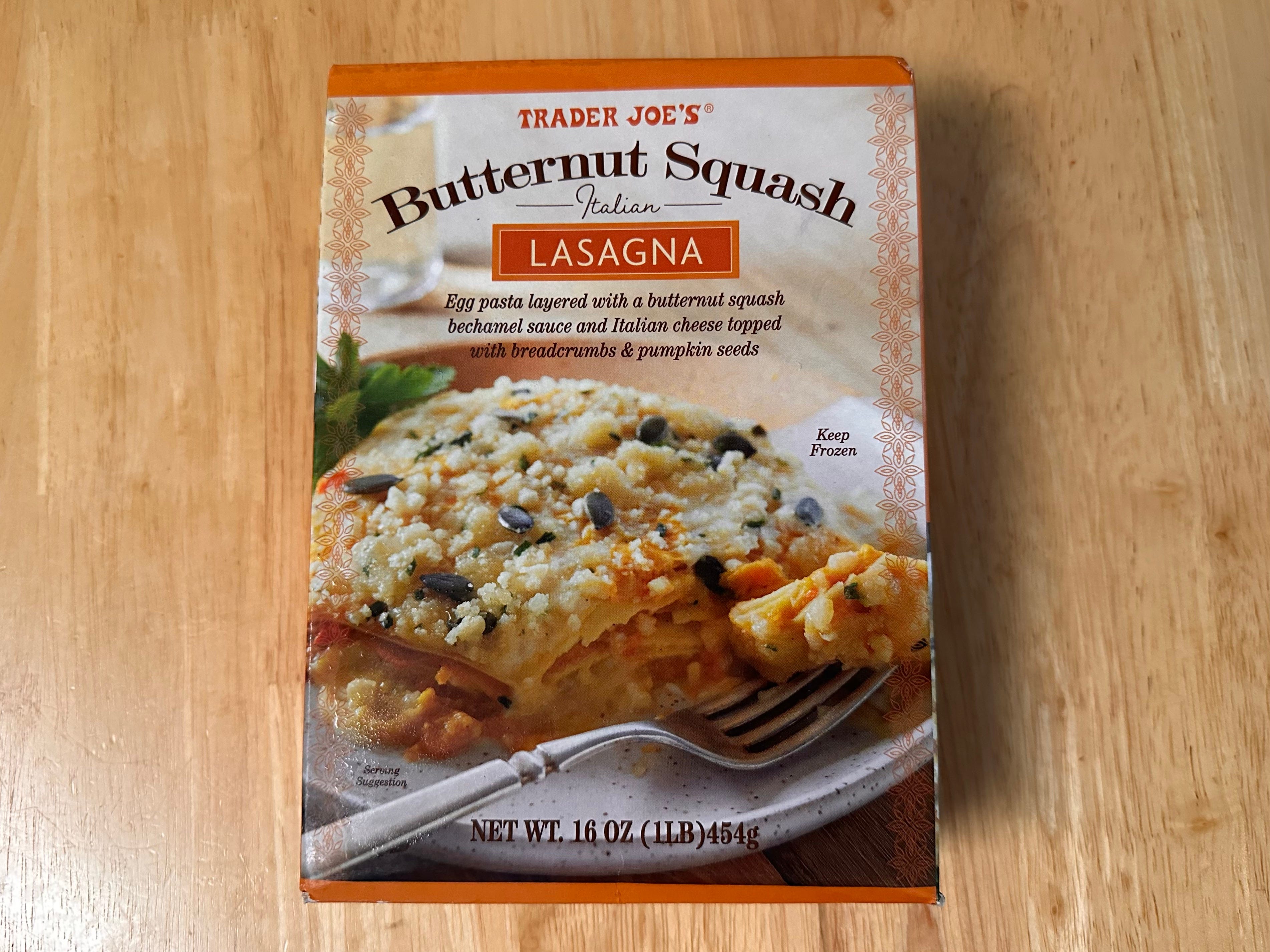 Trader Joe's butternut squash lasagna box on table