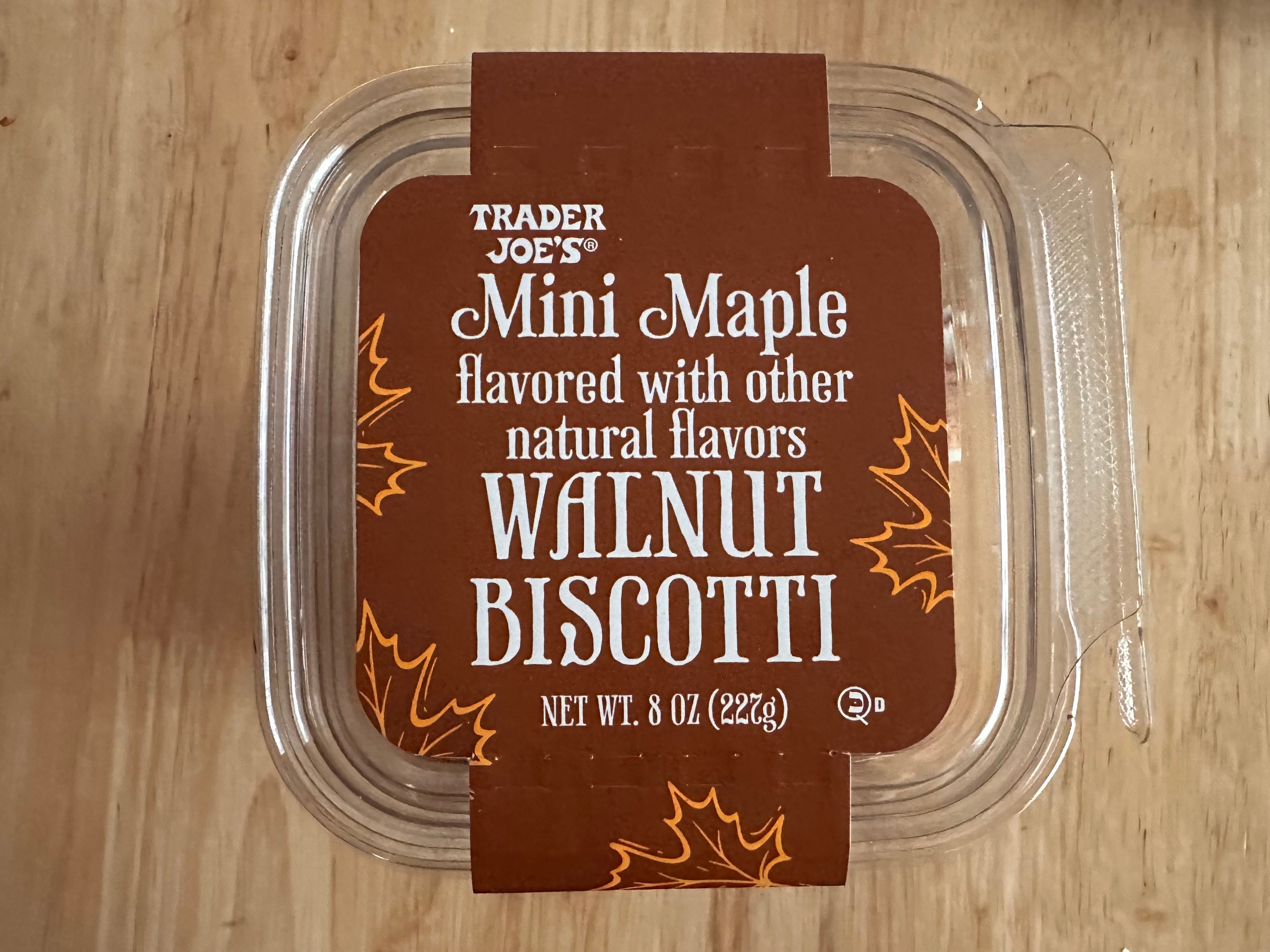 Top of plastic package of Trader Joe's maple-and-walnut biscotti