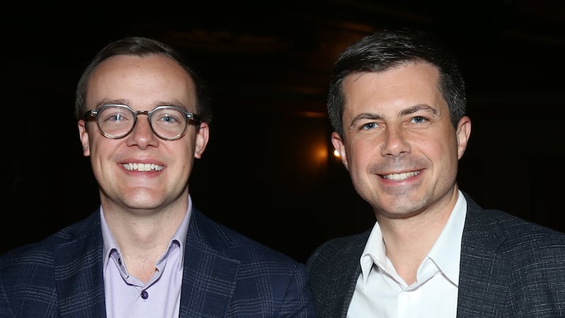 NEW YORK, NEW YORK - OCTOBER 22: Chasten Buttigieg and husband United States Secretary of Transportation Pete Buttigieg pose backstage at "Into The Woods" on Broadway at The St. James Theater on October 22, 2022 in New York City.
