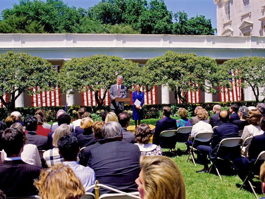 Bill Clinton with Ruth Bader Ginsburg in the Rose Garden.