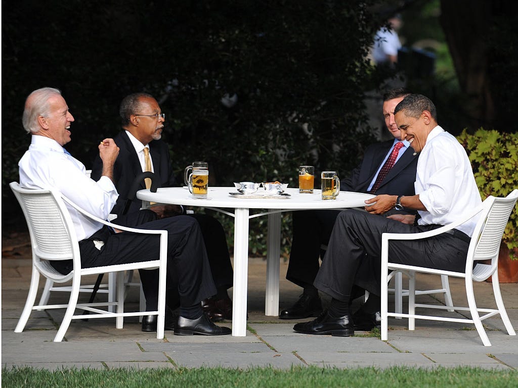Barack Obama and Joe Biden meet in the White House Rose Garden.