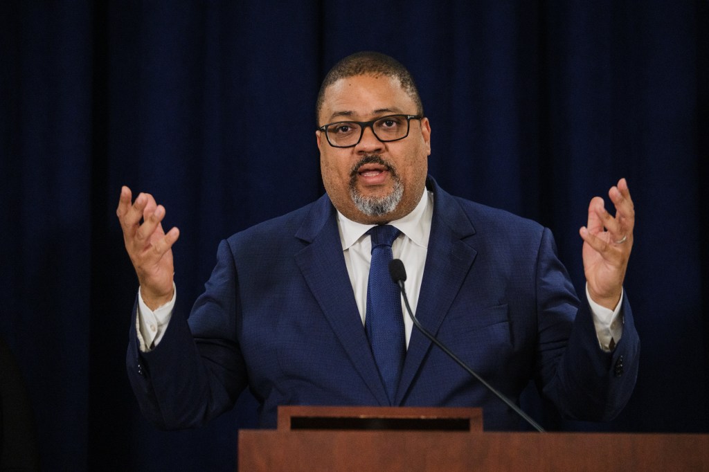 Manhattan District Attorney Alvin Bragg at a press conference.