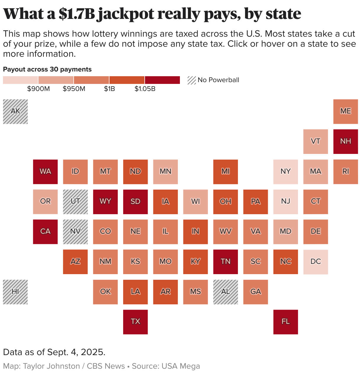 What a $1.3B jackpot really pays, by state (Choropleth map)
