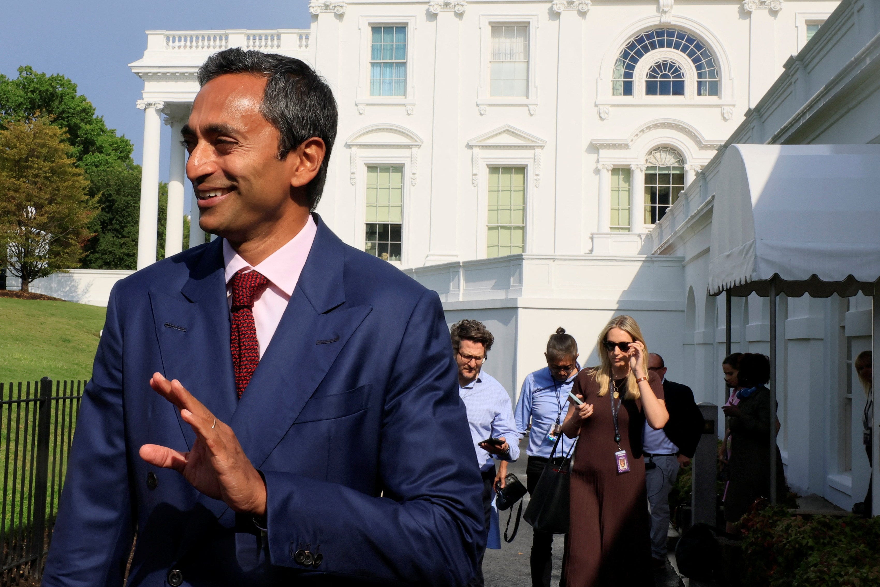 Social Capital founder Chamath Palihapitiya walks out the White House, after a meeting of the White House Task Force on Artificial Intelligence (AI) Education, in Washington, D.C., U.S., September 4, 2025. REUTERS/Brian Snyder