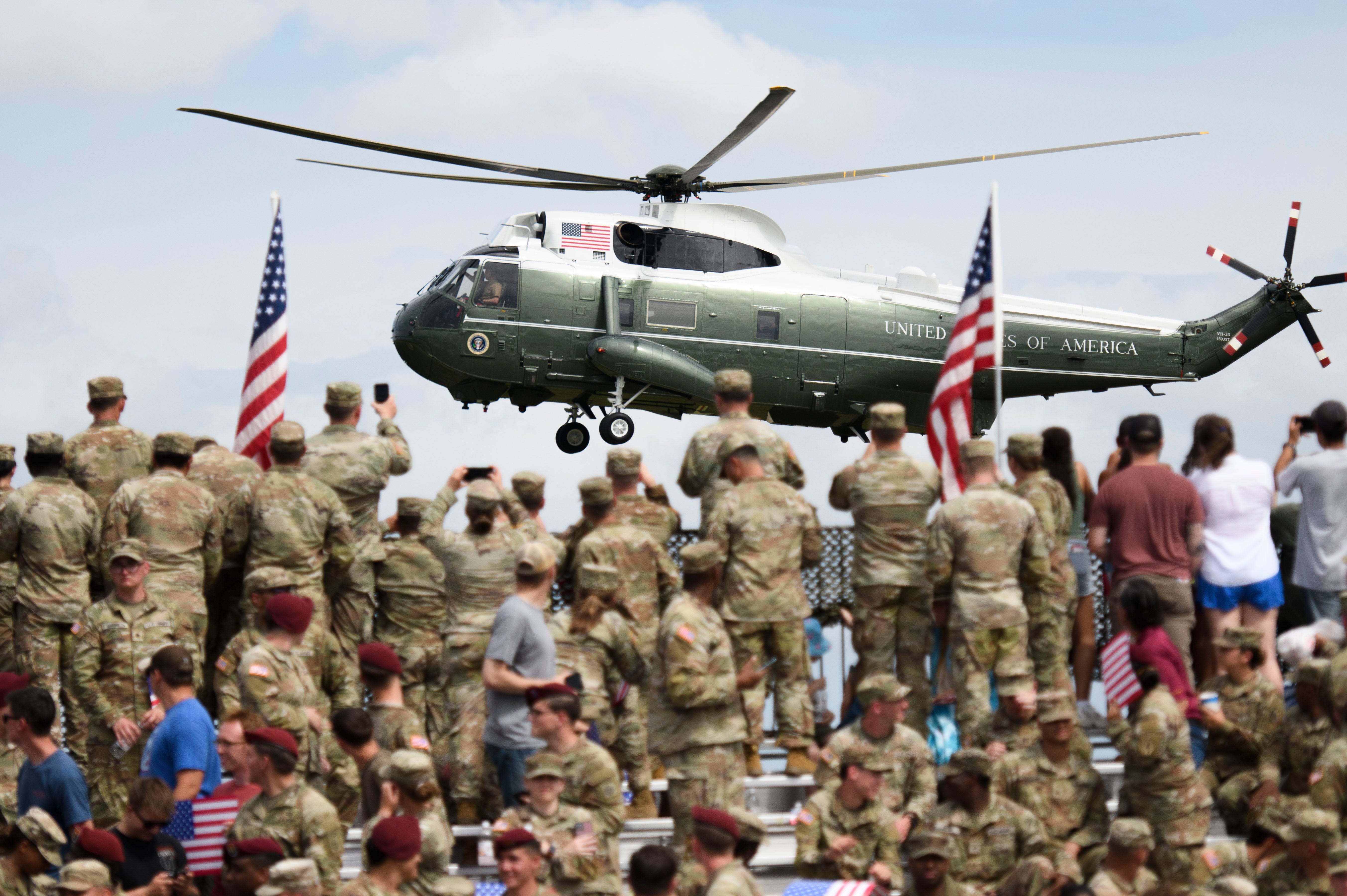 U.S. President Donald Trump arrives on Marine One to speak at a rally with U.S. Army troops on June 10, 2025 at Fort Bragg, North Carolina.