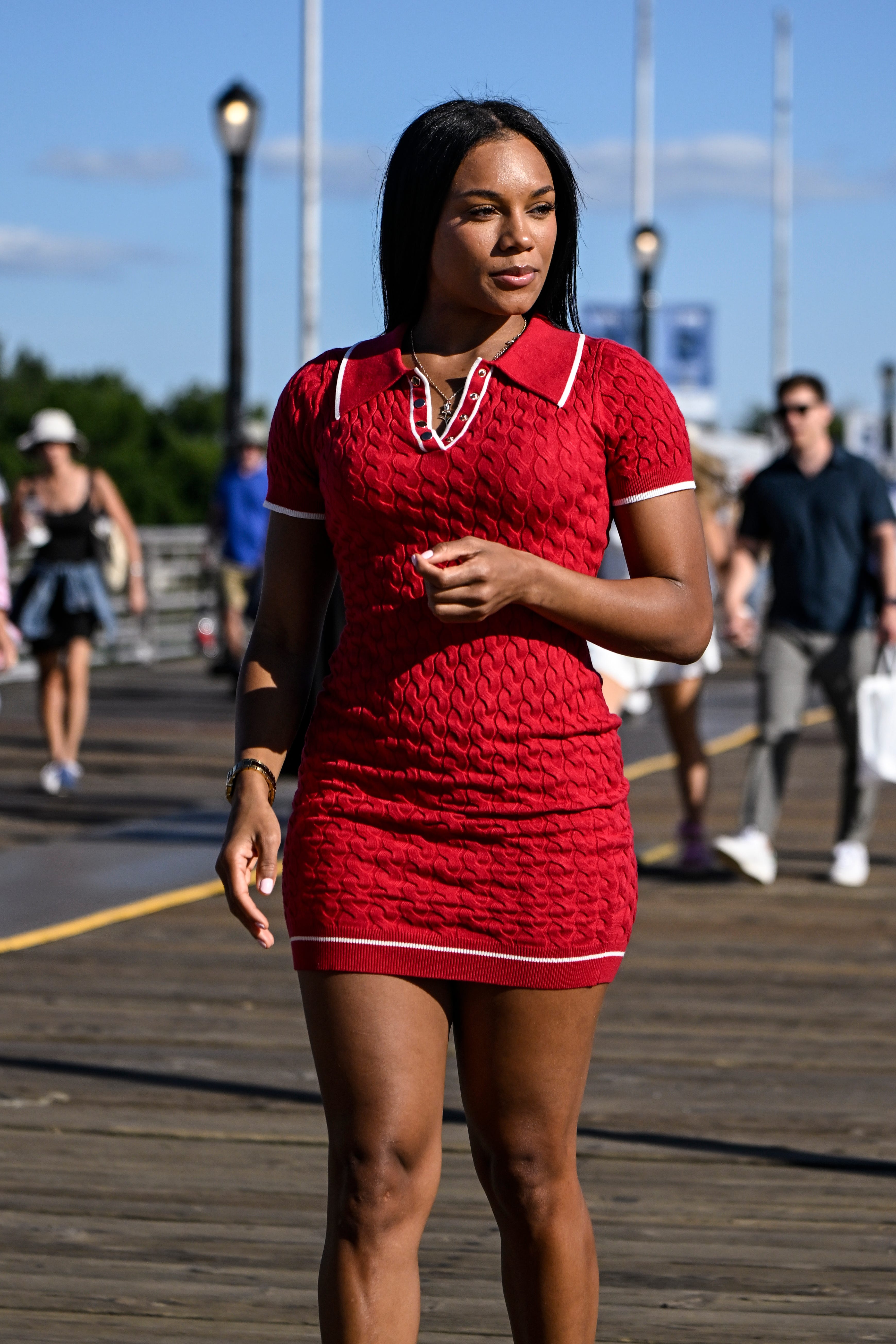 A woman in a red dress.