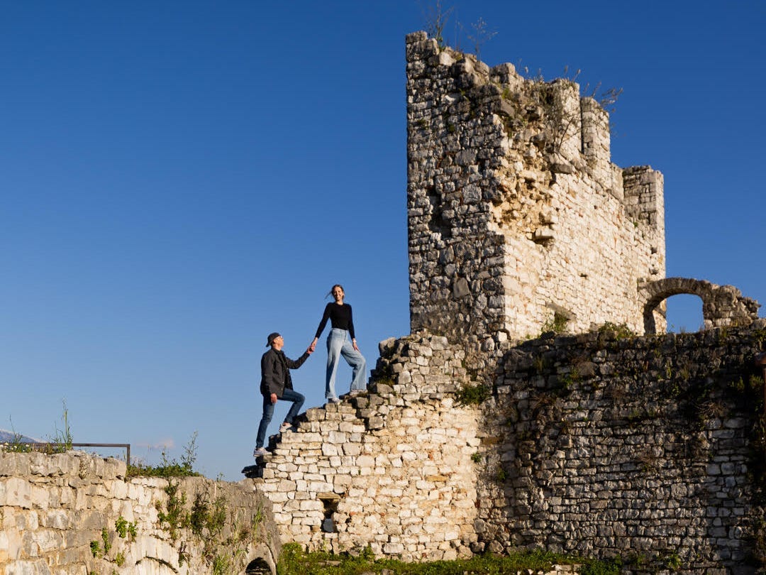 Alicia Walter and Nathan Stark at Berat Castle in Albania.