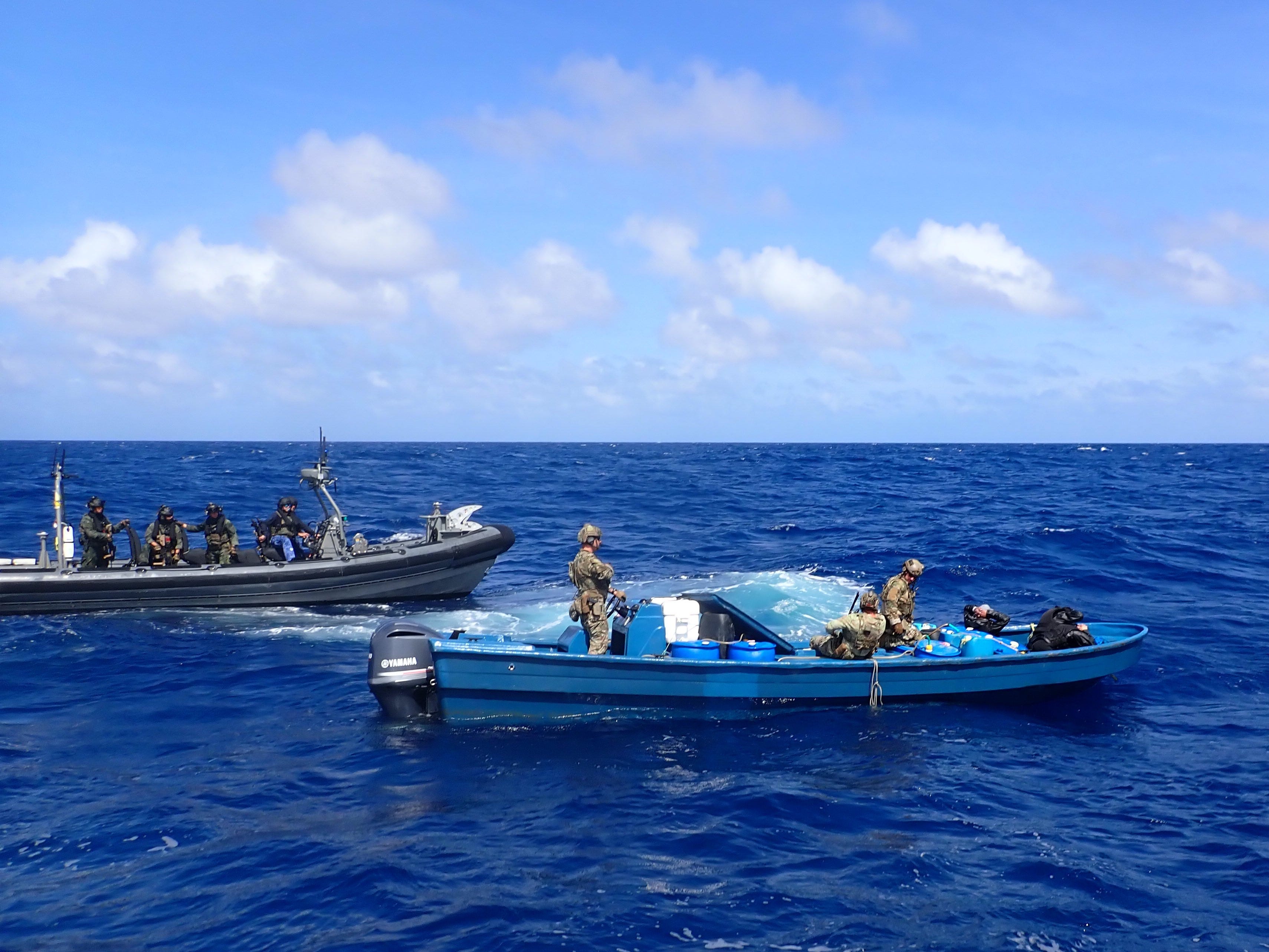 Coast Guard and HNLMS Groningen crew members interdict a suspected drug smuggling vessel offshore of Puerto Cabello, Venezuela, April 5, 2025. USCGC Venturous' (WMEC 625) crew offloaded more than 1,294 pounds of cocaine and 4,012 pounds of marijuana valued at approximately $14.1 million intercepted in the Caribbean Sea.