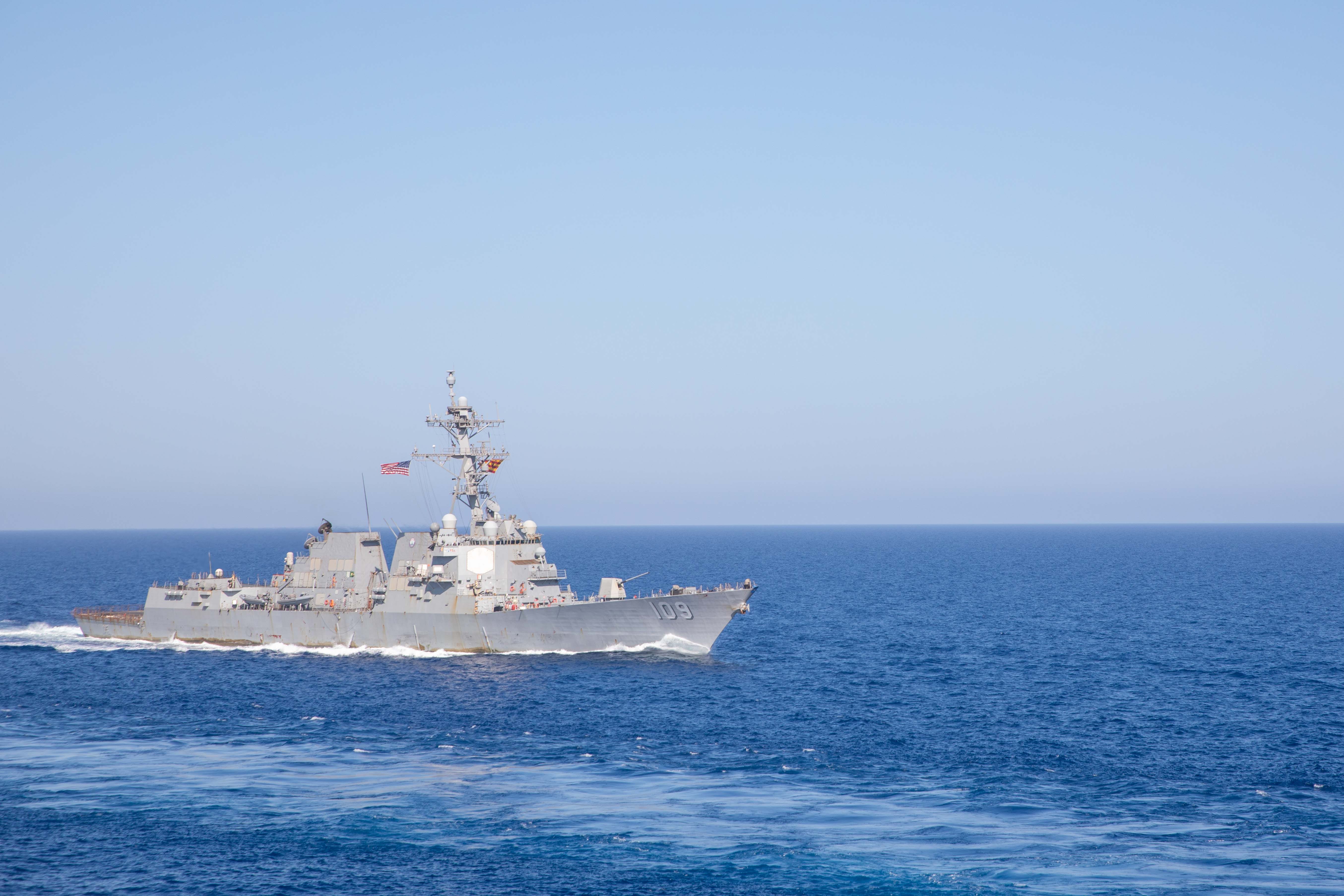 The Arleigh Burke-class guided-missile destroyer USS Jason Dunham (DDG 109) steams in the Mediterranean Sea, May 19.