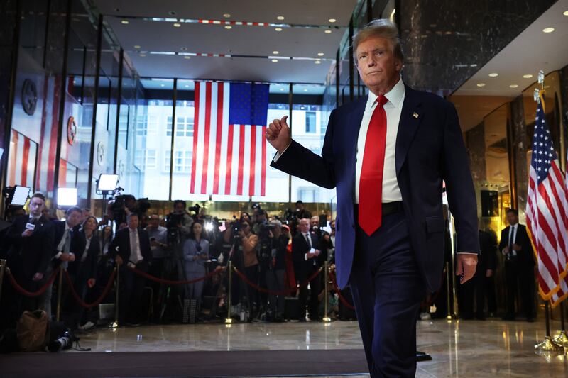 NEW YORK, NEW YORK - MAY 31: Former U.S. President Donald Trump leaves after addressing members of the media following the verdict in his hush-money trial at Trump Tower on May 31, 2024 in New York City. A New York jury found Trump guilty Thursday of all 34 charges of covering up a $130,000 hush money payment to adult film star Stormy Daniels to keep her story of their alleged affair from being published during the 2016 presidential election. Trump is the first former U.S. president to be convicted of crimes.
