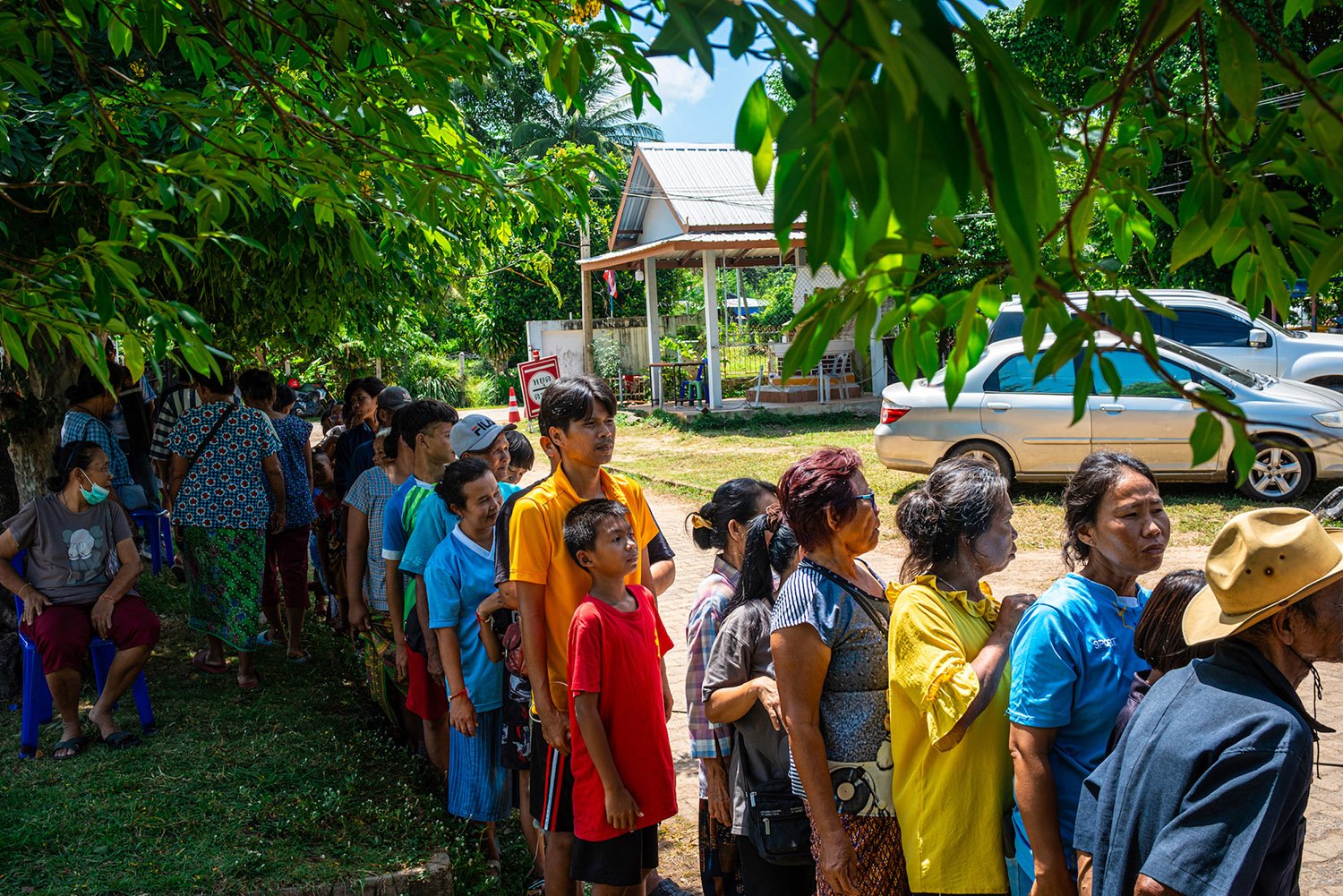 People line up under leafy trees in front of a low building and a few cars.