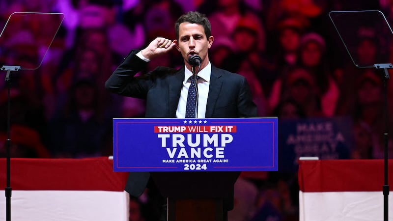 US comedian Tony Hinchcliffe speaks during a campaign rally for former US president and Republican presidential candidate Donald Trump at Madison Square Garden in New York on Oct. 27, 2024.