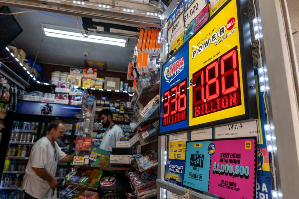 Lottery ticket display showing a $1.8 billion Powerball jackpot.