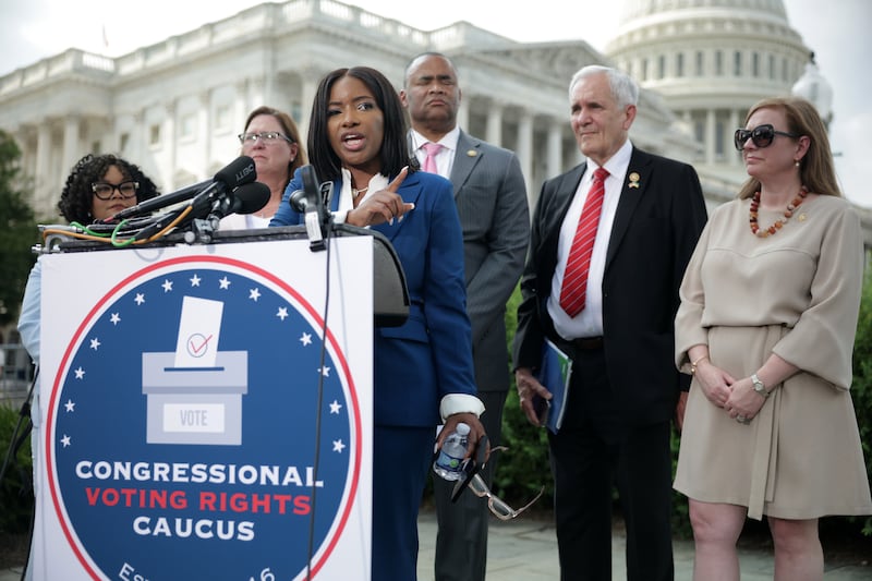 U.S. Rep. Jasmine Crockett (D-TX) speaks during a news conference outside the U.S. Capitol on July 23, 2025 in Washington, DC.