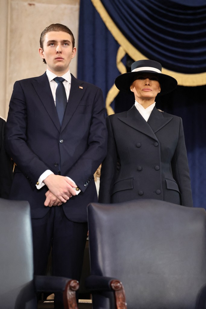 Barron Trump and Melania Trump attend the inauguration of US President-elect Donald Trump in the Rotunda of the US Capitol on January 20, 2025 in Washington, DC. Donald Trump takes office for his second term as the 47th president of the United States. (Photo by Chip Somodevilla / POOL / AFP) (Photo by CHIP SOMODEVILLA/POOL/AFP via Getty Images)

