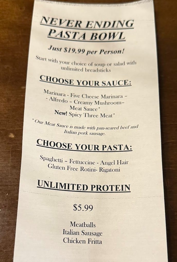 Olive Garden never-ending pasta bowl promotion menu