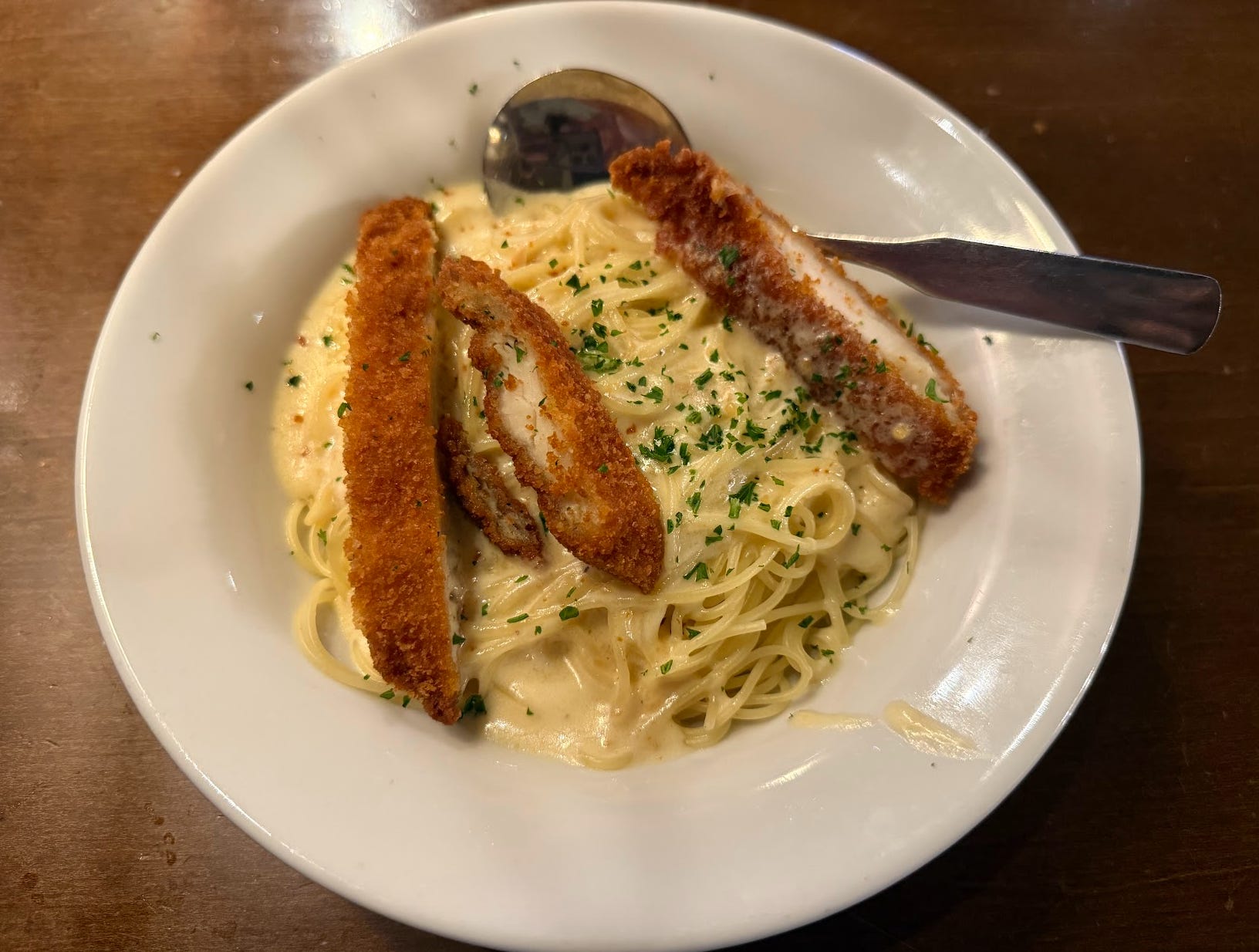 Olive Garden never-ending pasta angel hair Alfredo with chicken fritta