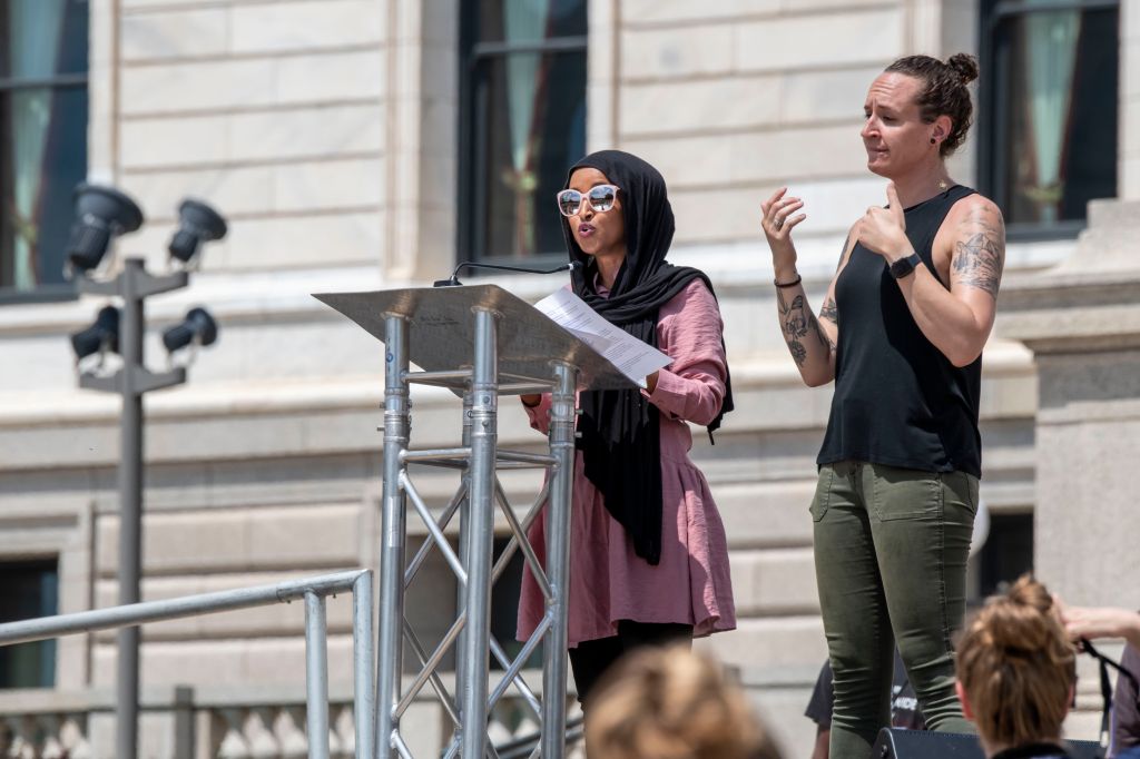 Congresswoman Ilhan Omar speaking at a rally in support of abortion access.
