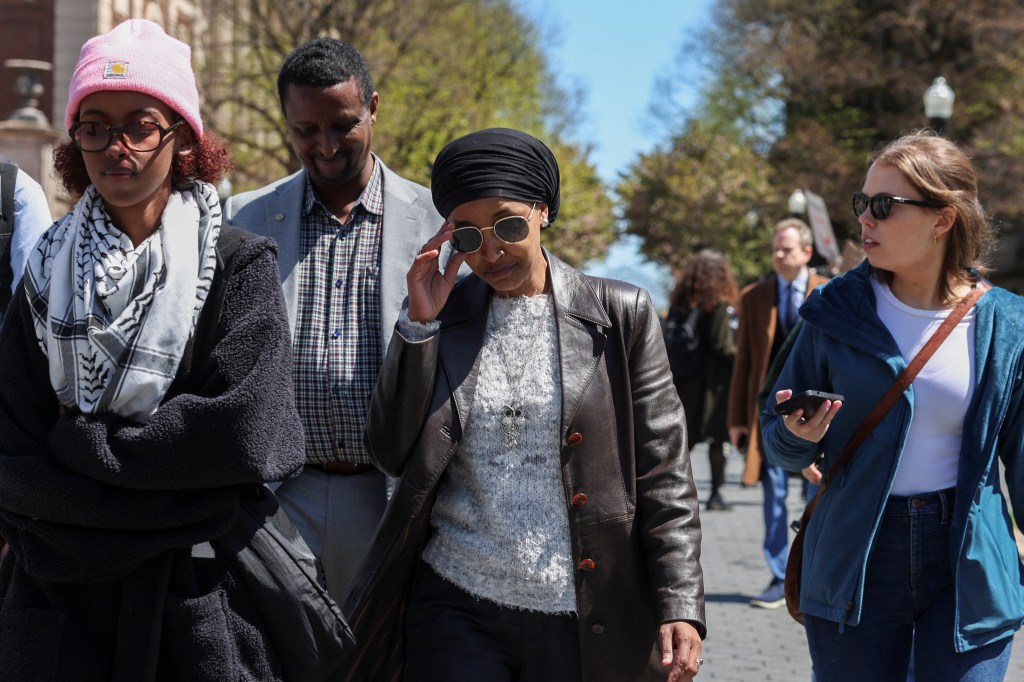 Rep. Ilhan Omar leaving a protest supporting Palestinians at Columbia University.