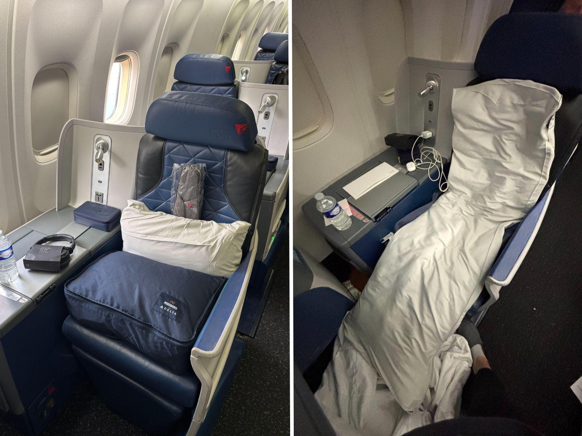 A side-by-side of a Delta One seat on an international flight and the same seat with a mattress pad on it.