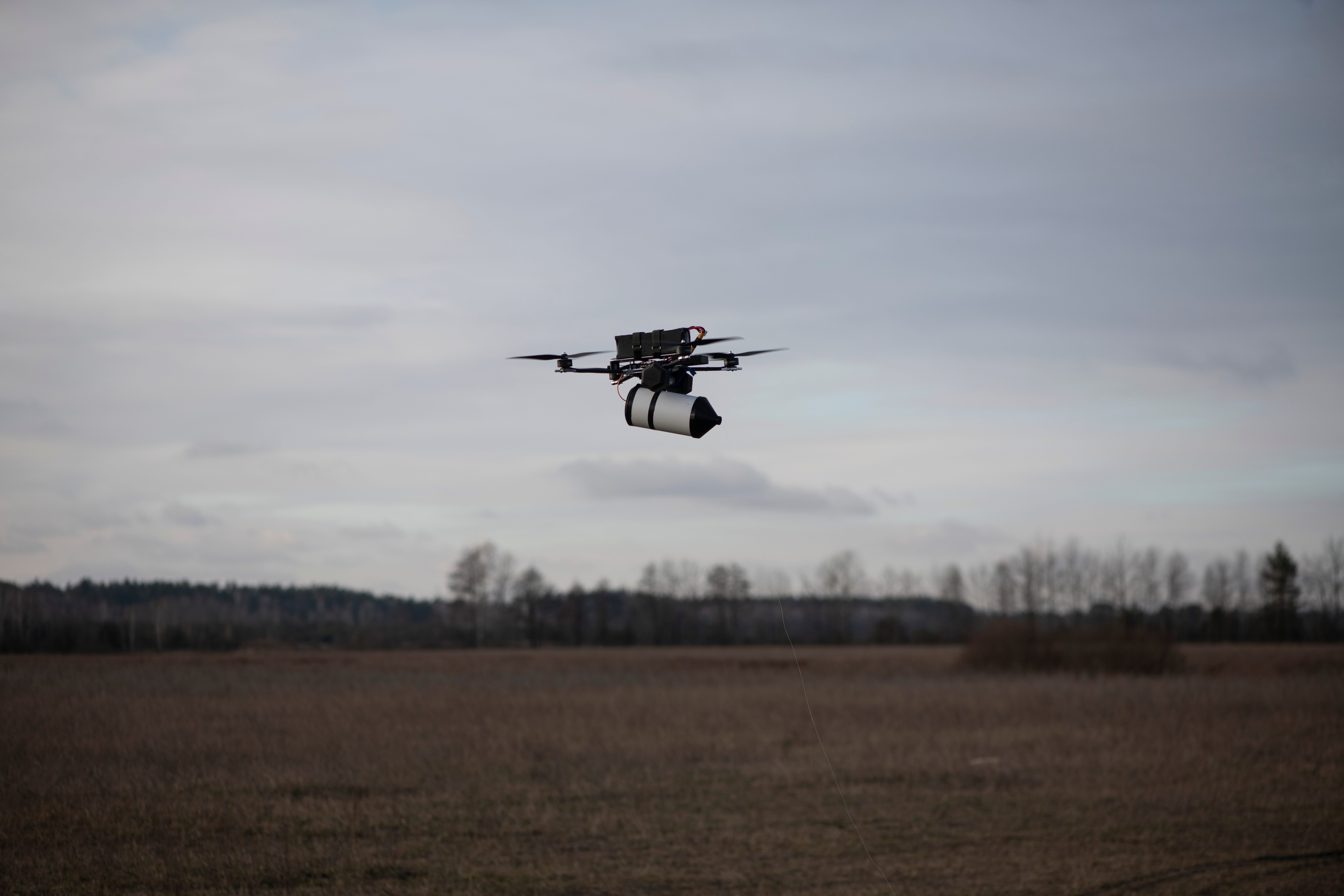A Ukrainian fiber-optic drone is seen during a test flight in the Kyiv region in December 2024.