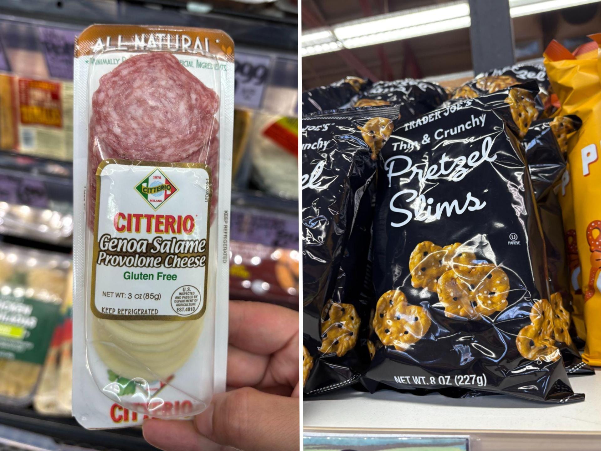 Split Image: Citterio Genoa Salame and provolone cheese, and a bag of pretzel slims.