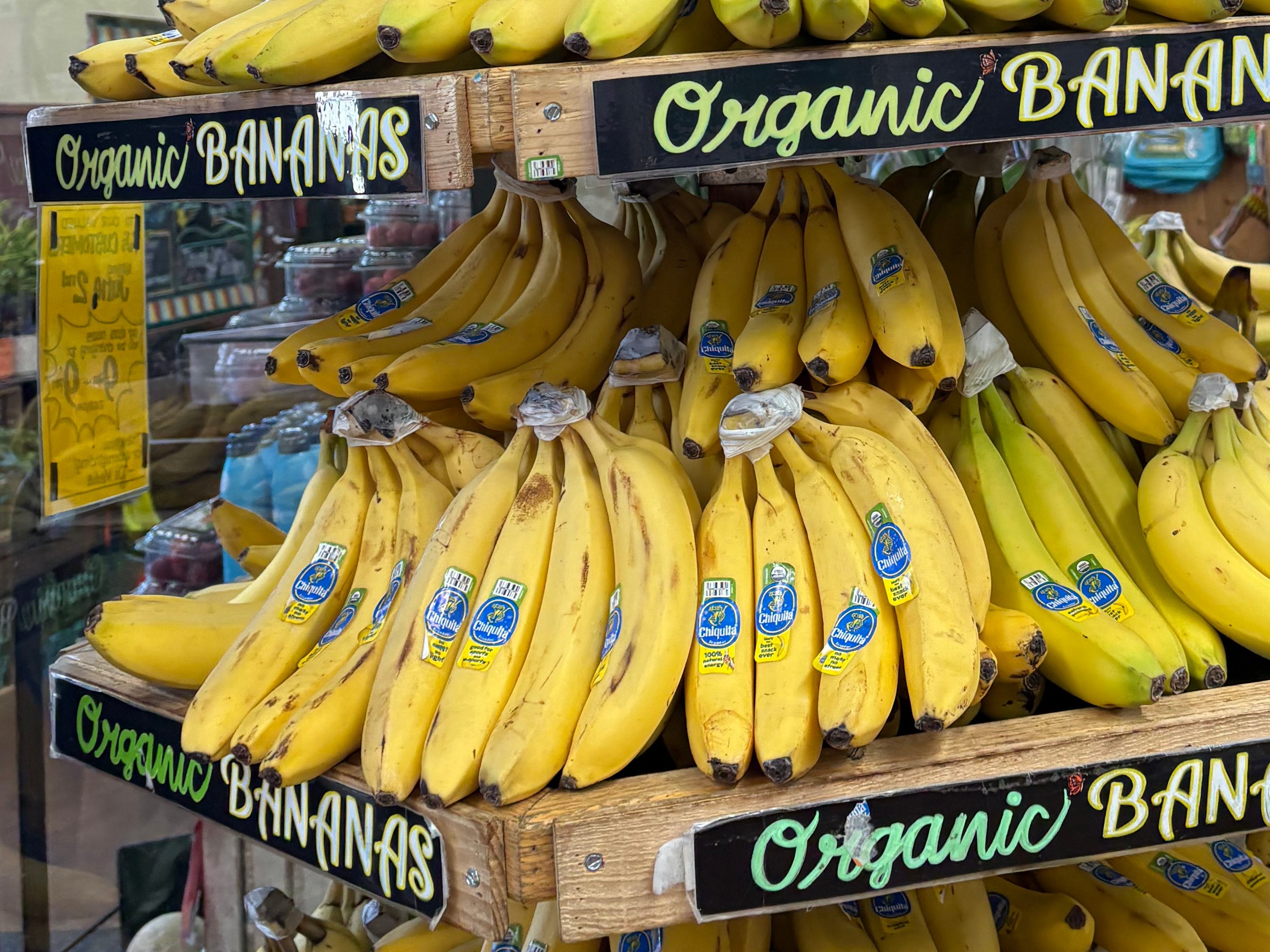 A display of organic bananas at Trader Joe's for $0.29 each.