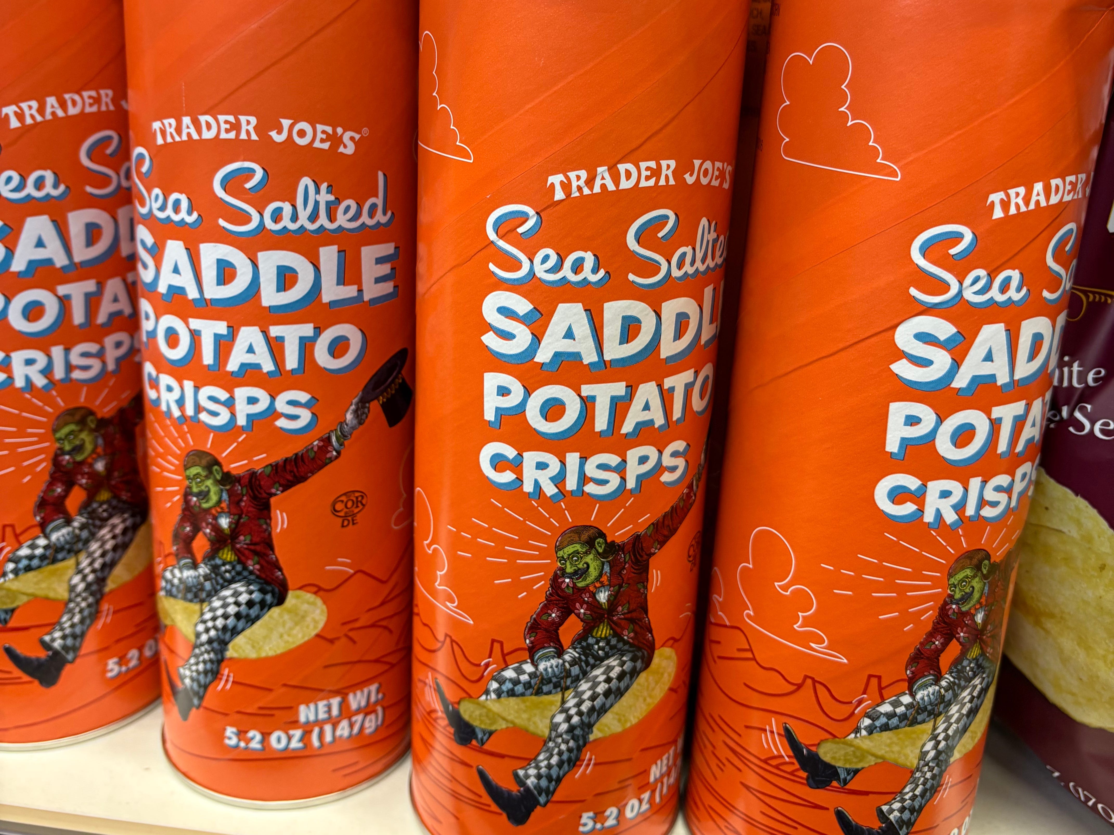 A display of Trader Joe's sea salted saddle potato crisps.
