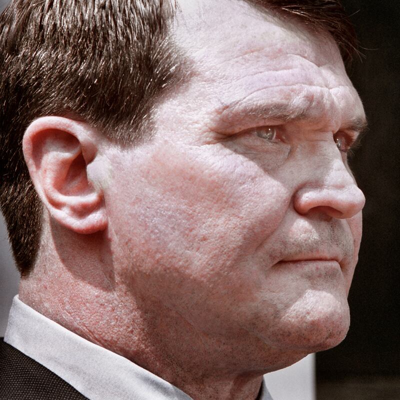 A close-up of former Army Scientist Steven Hatfill speaking to reporters in 2011.