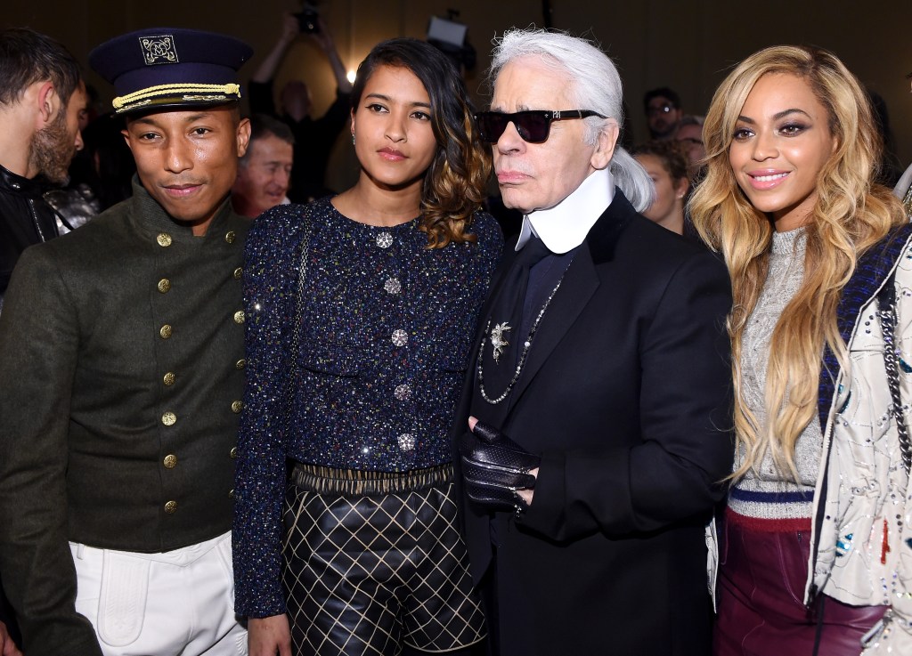 Pharrell Williams, Helen Lasichanh, Karl Lagerfeld, and Beyoncé at a Chanel fashion show.